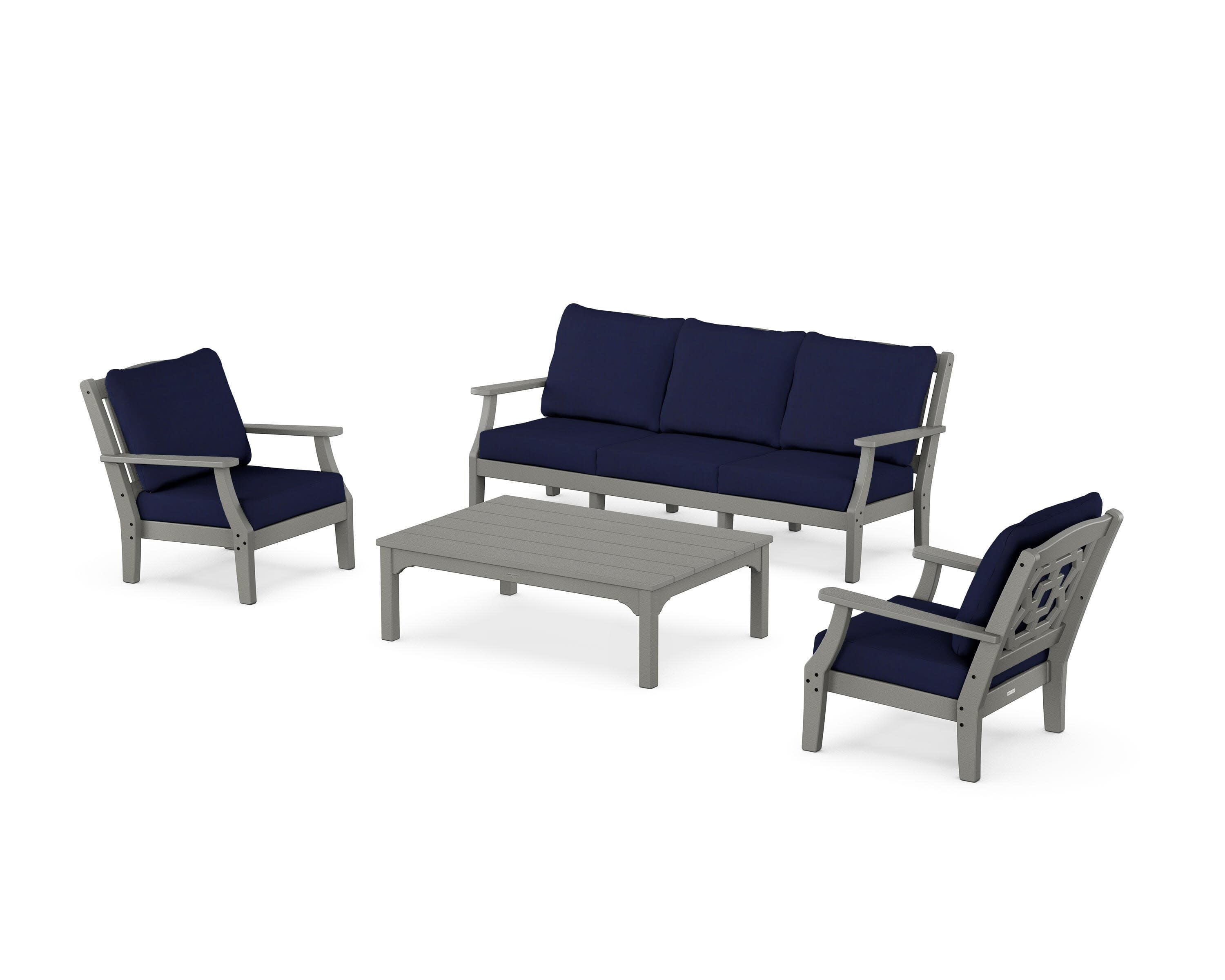 Chinoiserie 4-Piece Deep Seating Set with Sofa in Slate Grey / Navy