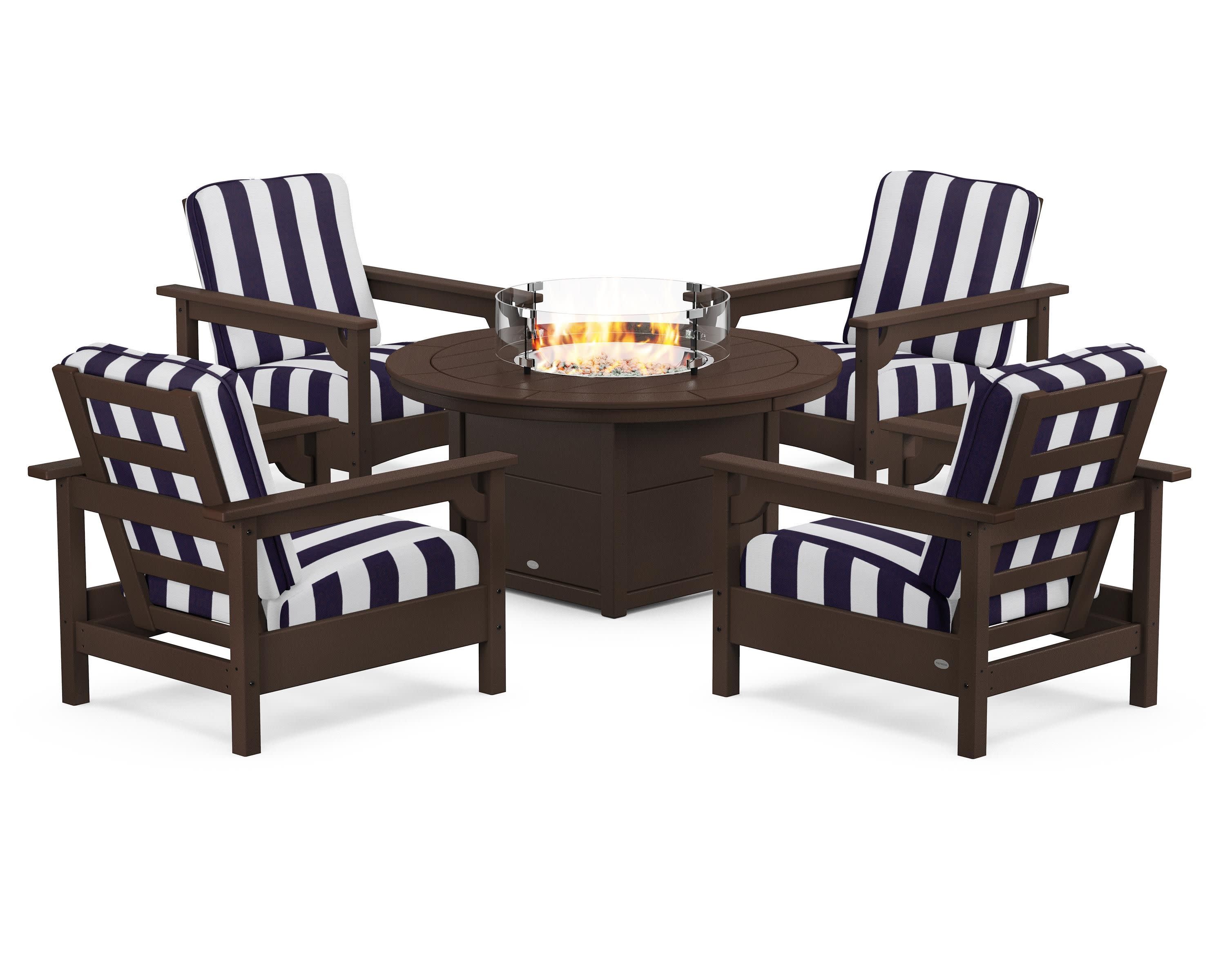 Club 5-Piece Conversation Set with Fire Pit Table in Mahogany / Cabana Stripe Navy