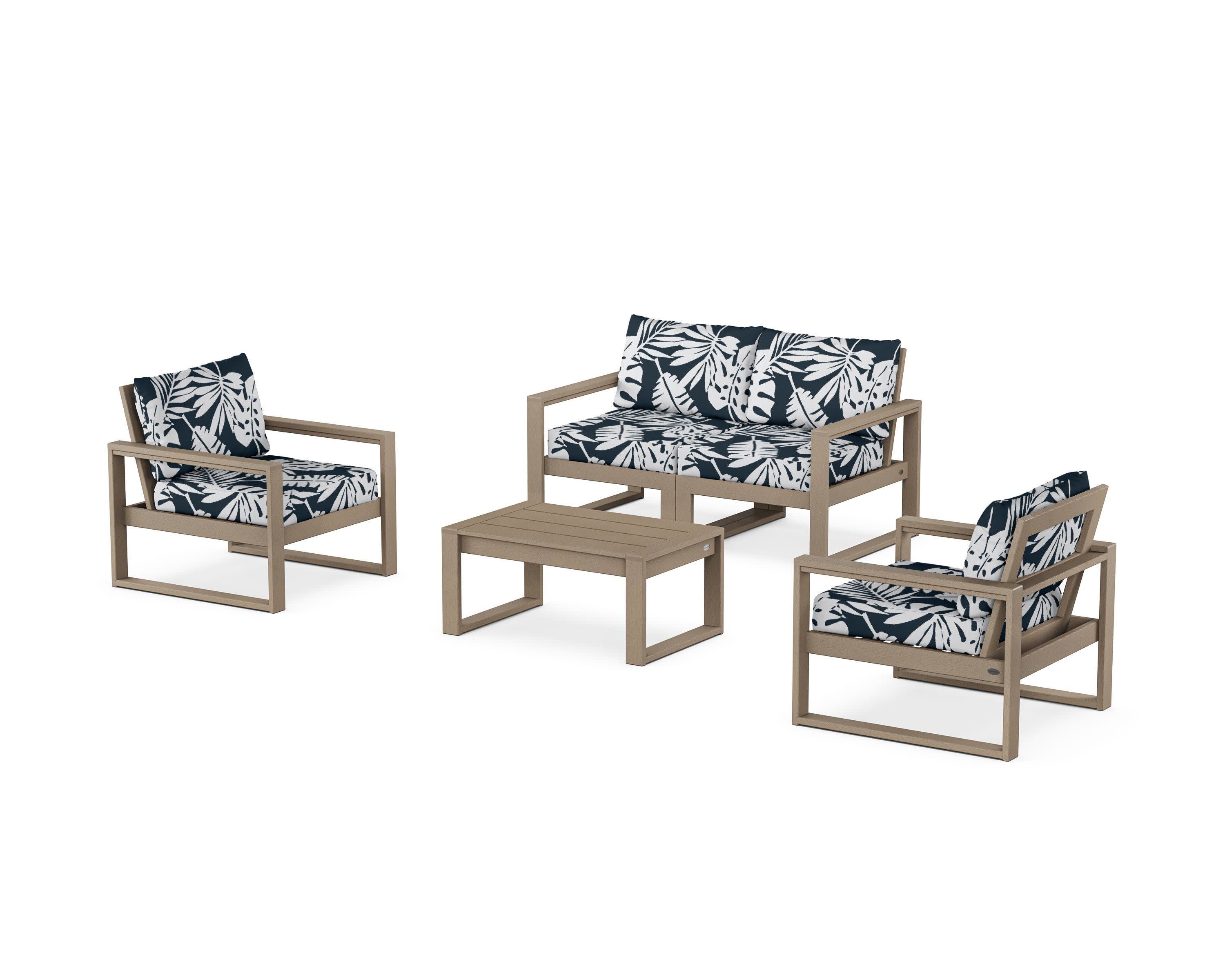 EDGE Sectional 4-Piece Deep Seating Set with Loveseat in Vintage Sahara / Leaf Marine Indigo