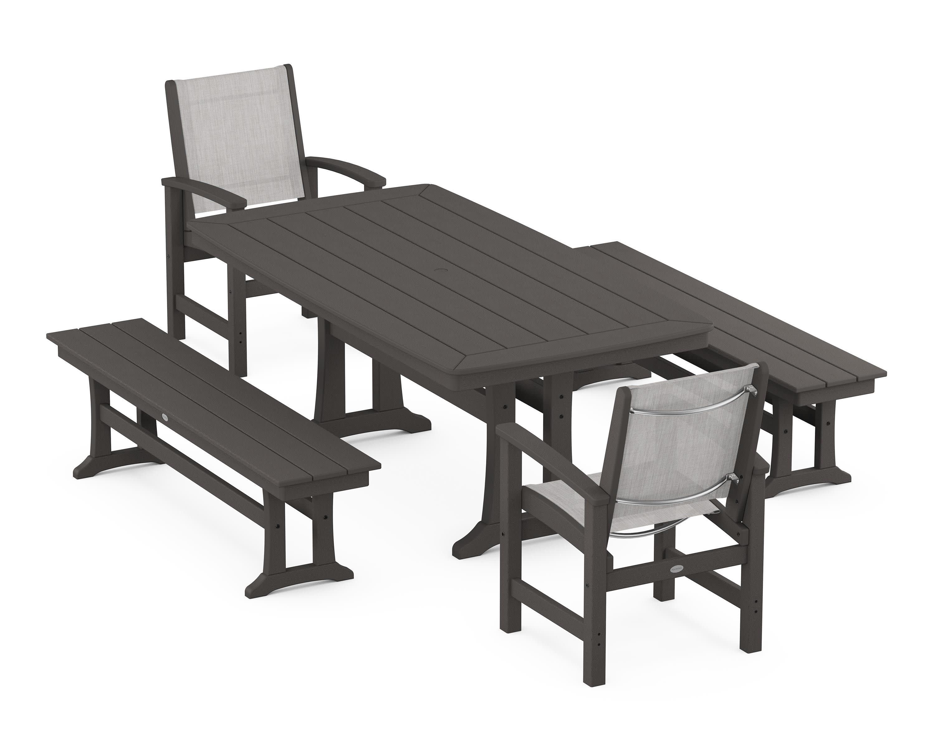 Coastal 5-Piece Dining Set with Trestle Legs and Benches in Vintage Coffee / Parchment Sling