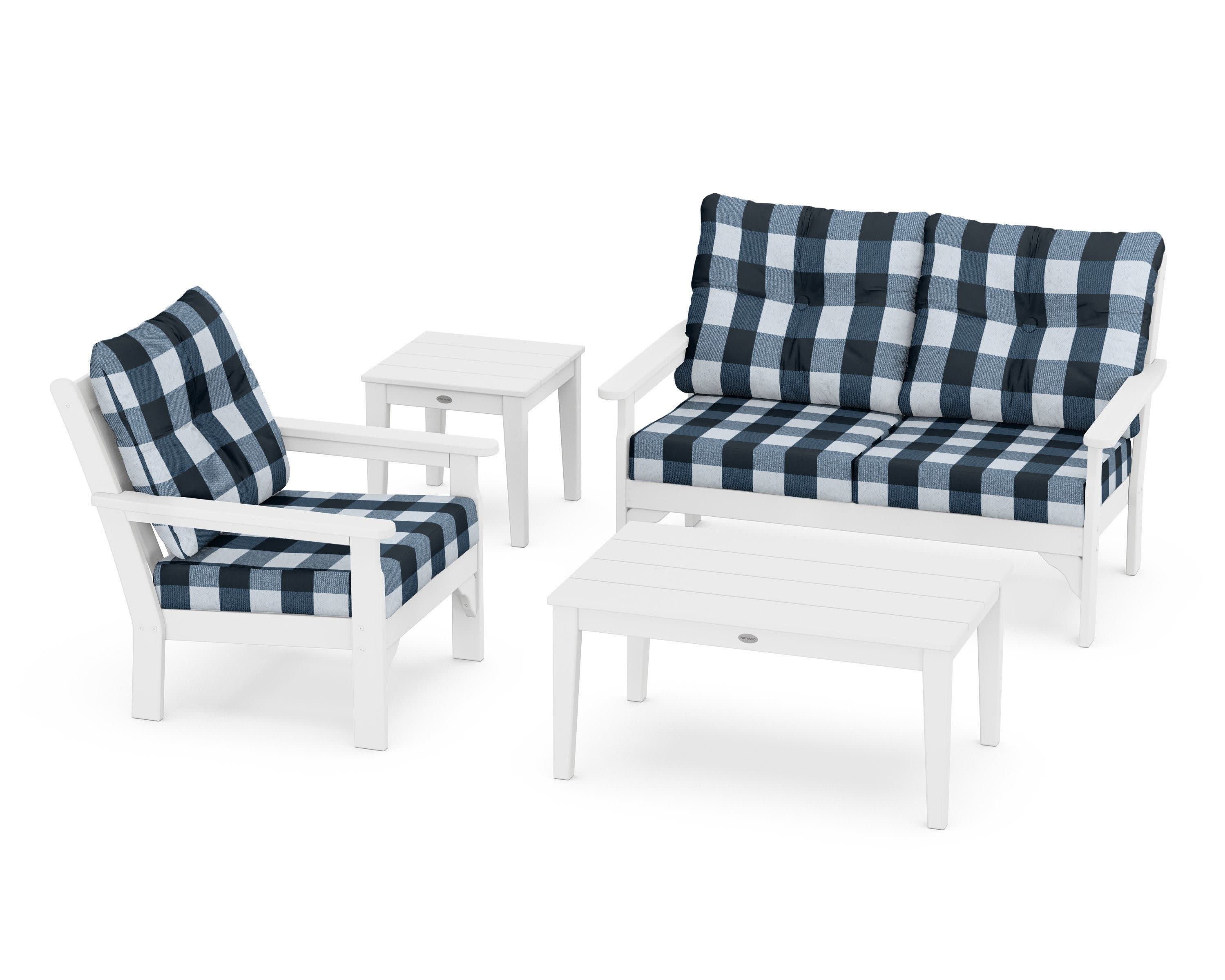 Vineyard 4-Piece Deep Seating Set in White / Buffalo Plaid Marine Indigo
