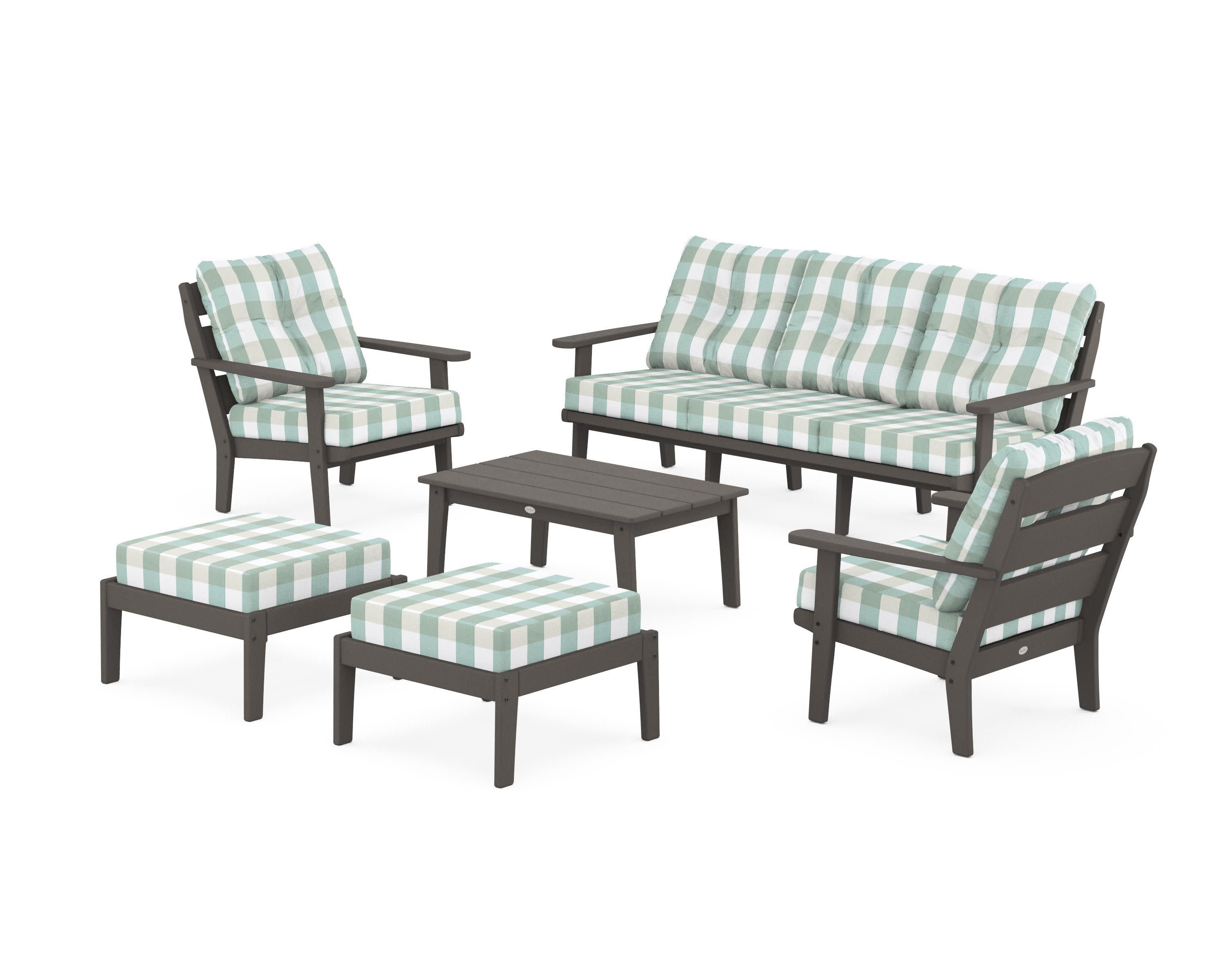 Lakeside 6-Piece Lounge Sofa Set in Vintage Coffee / Buffalo Plaid Glacier Spa