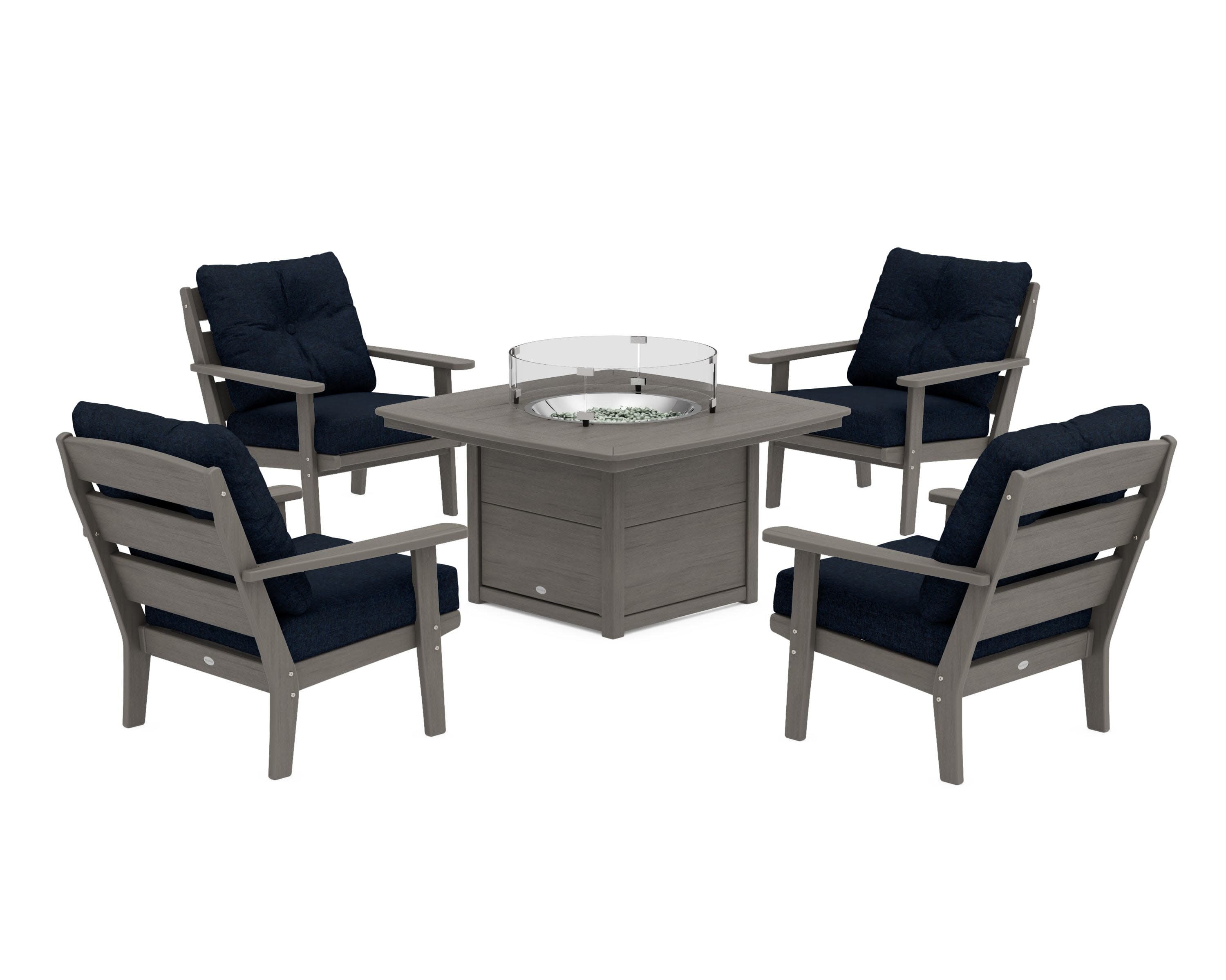 Lakeside 5-Piece Deep Seating Set with Nautical Fire Pit Table in Driftwood / Marine Indigo