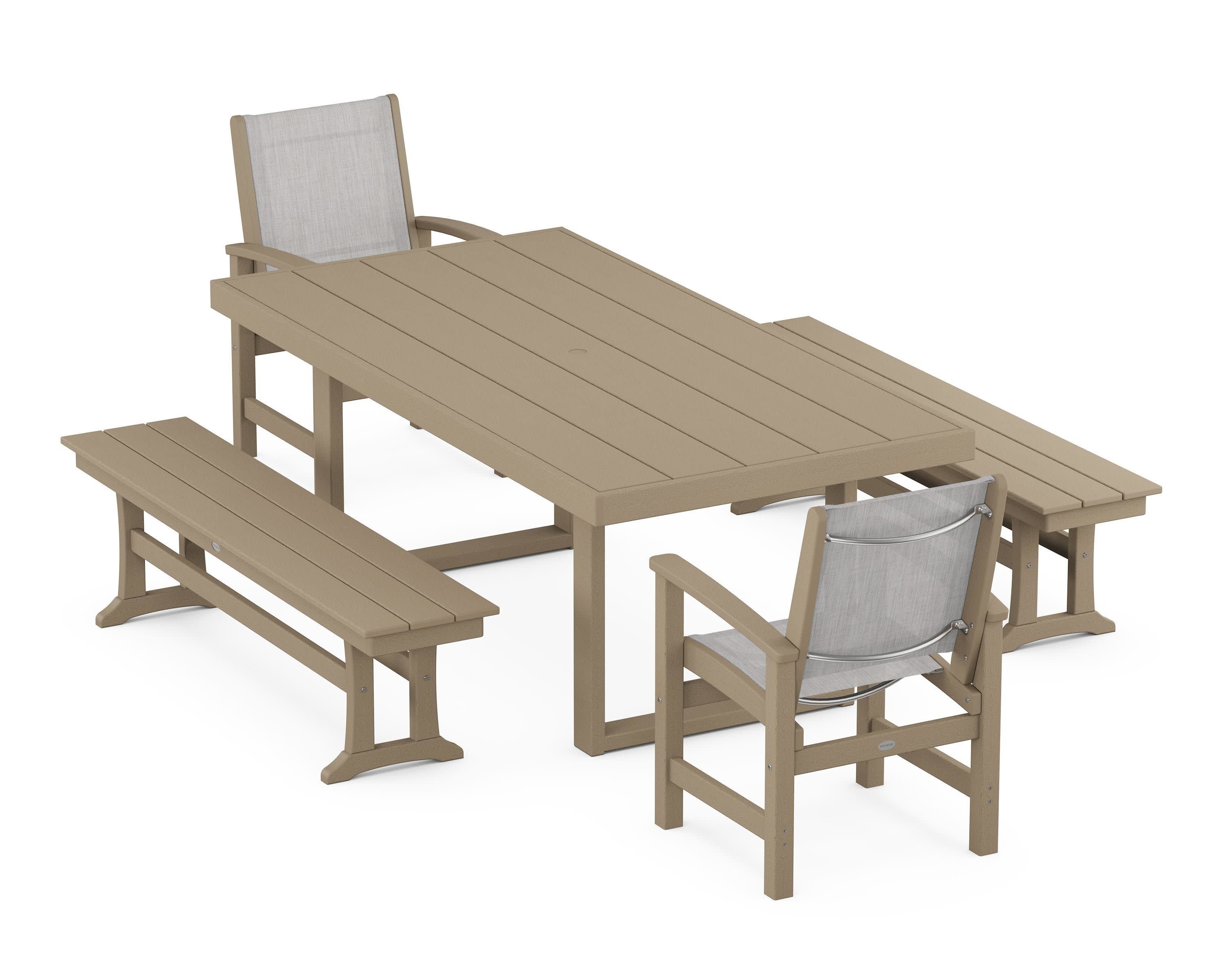 Coastal 5-Piece Dining Set with Trestle Legs in Vintage Sahara / Parchment Sling