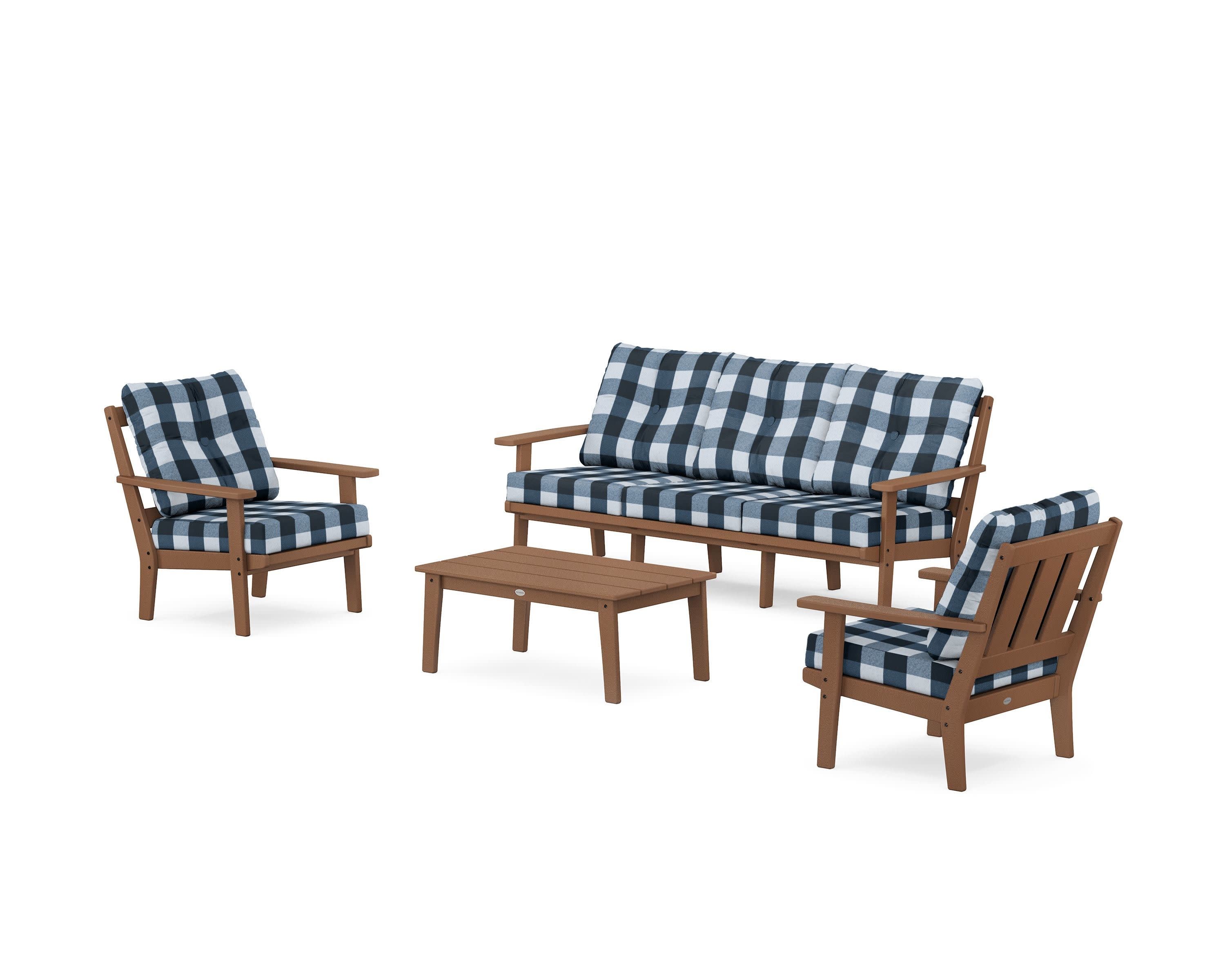 Oxford 4-Piece Deep Seating Set with Sofa in Teak / Buffalo Plaid Marine Indigo