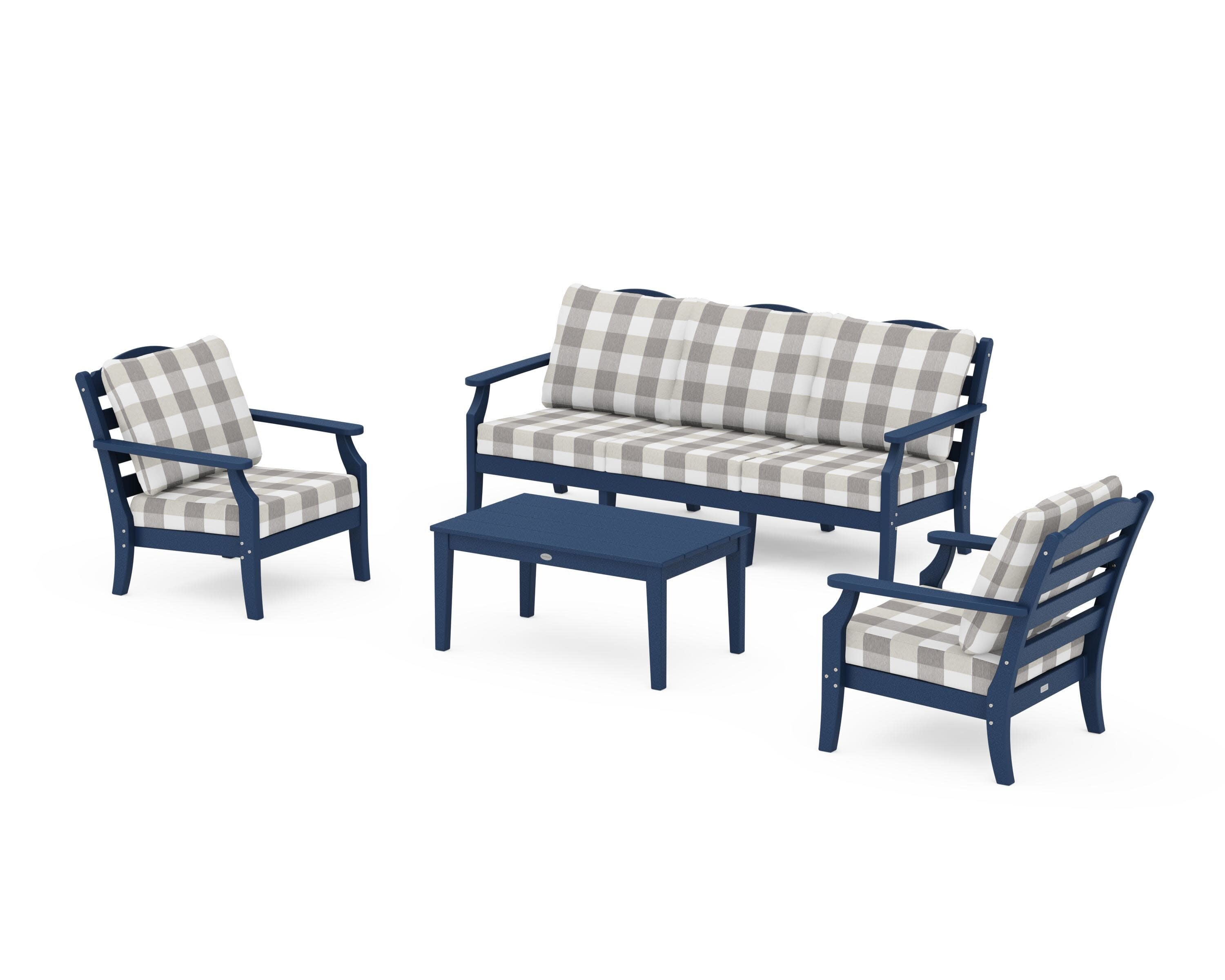 Savannah 4-Piece Deep Seating Set with Sofa in Navy / Buffalo Plaid Grey Mist