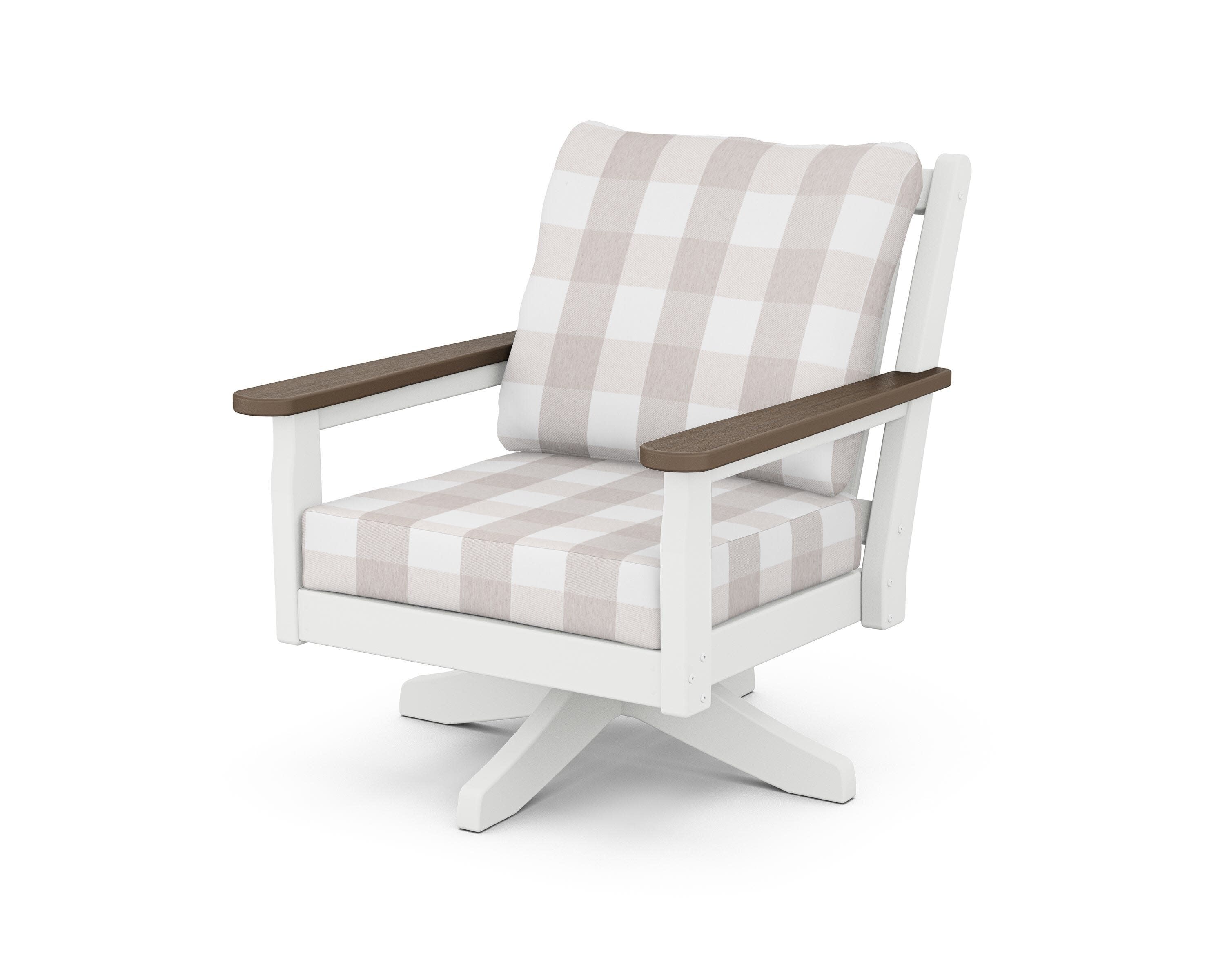 Chippendale Deep Seating Swivel Chair in White / Kona / Buffalo Plaid Dune Burlap