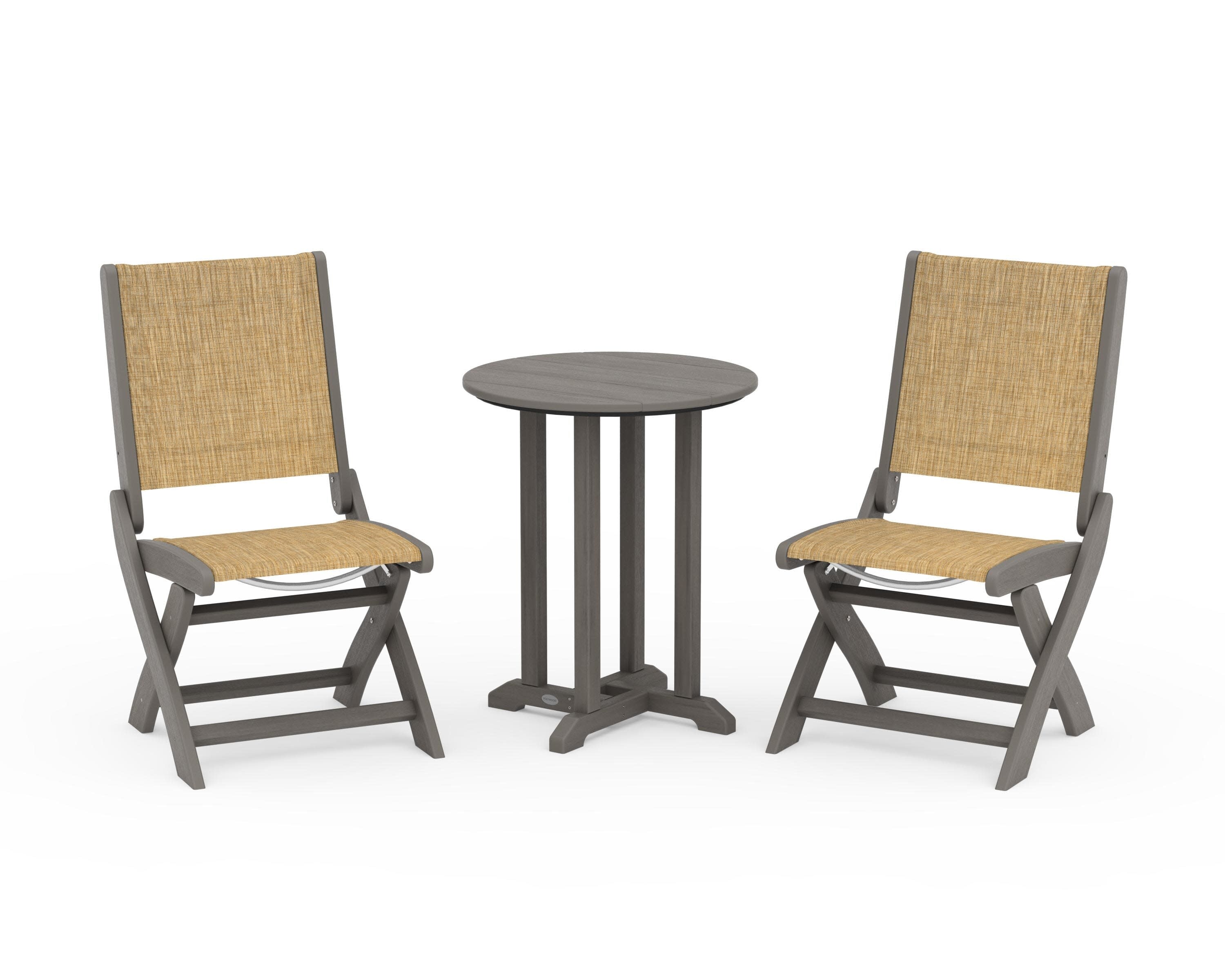 Coastal Folding Side Chair 3-Piece Round Bistro Dining Set in Driftwood / Burlap Sling