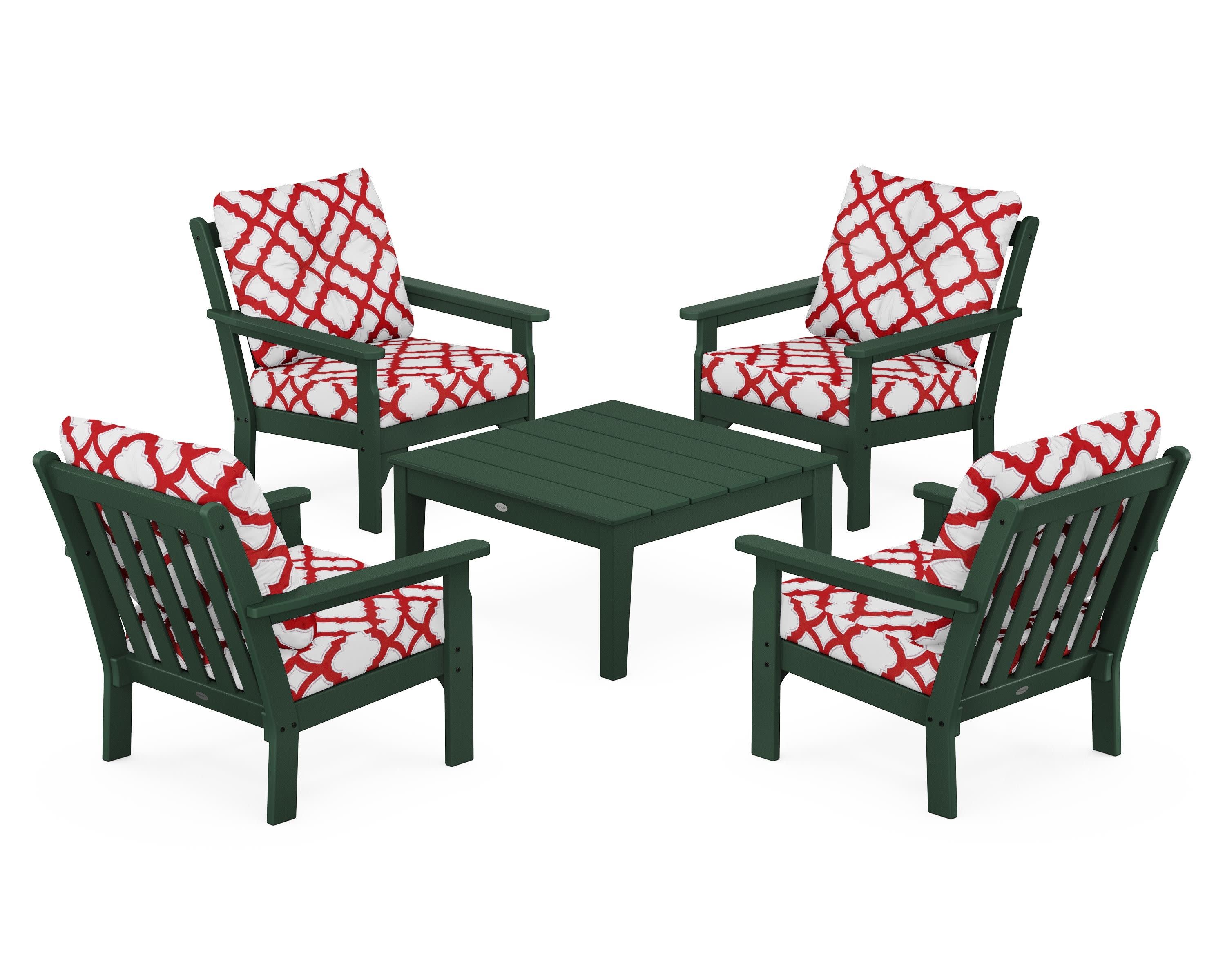 Vineyard 5-Piece Deep Seating Conversation Set in Green / Trellis Crimson