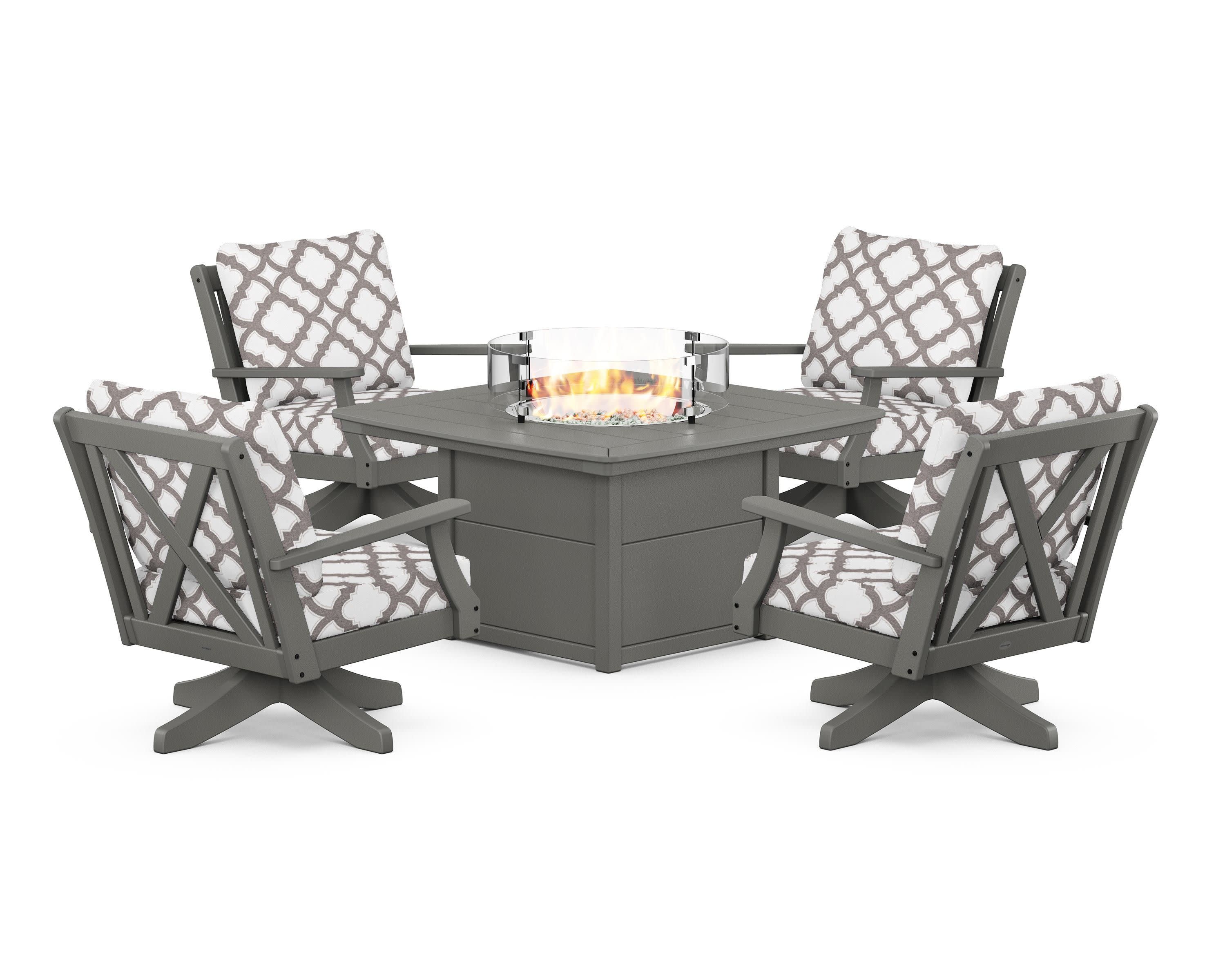 Braxton 5-Piece Deep Seating Swivel Conversation Set with Fire Pit Table in Slate Grey / Trellis Grey Mist