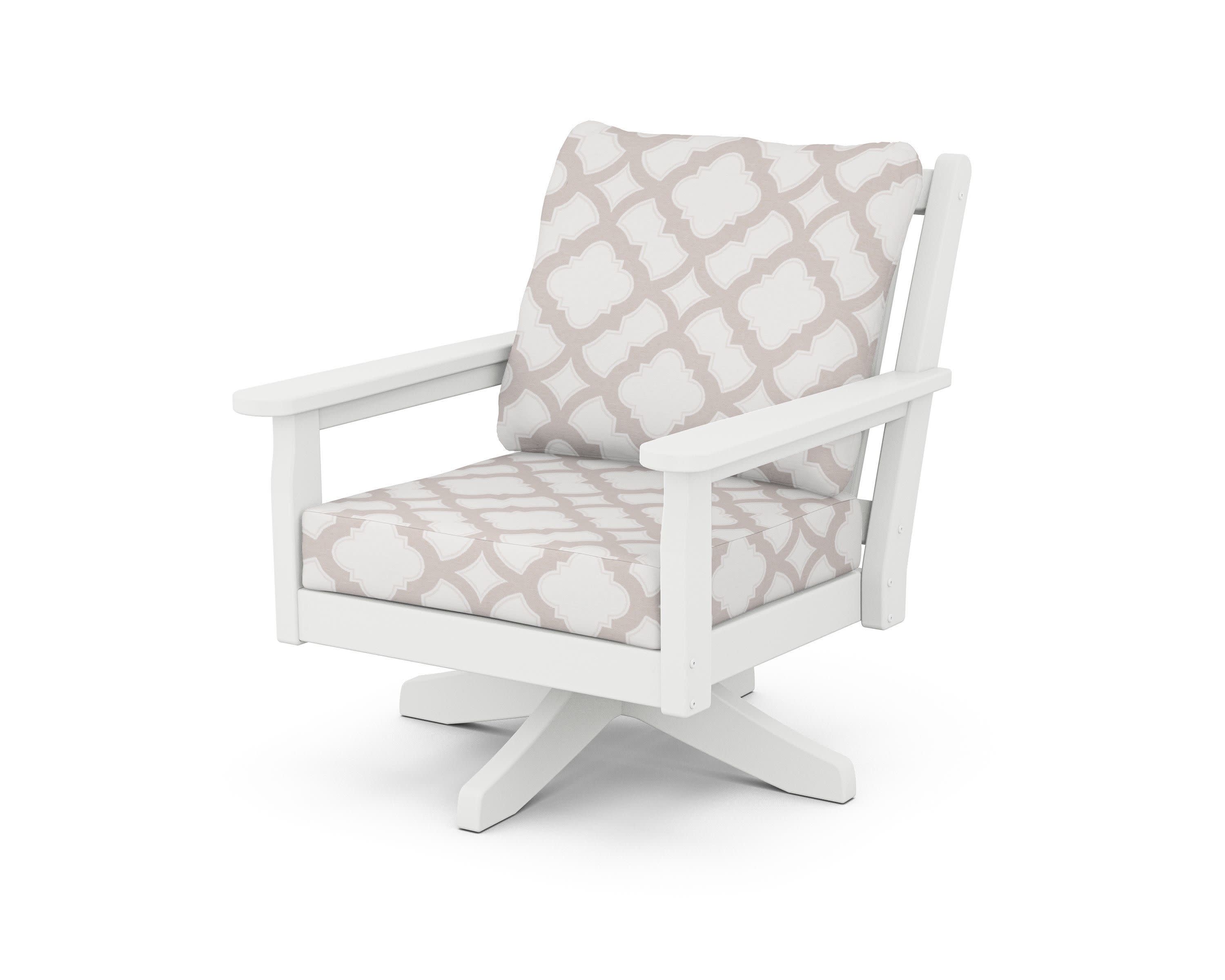Chippendale Deep Seating Swivel Chair in White / Trellis Dune Burlap