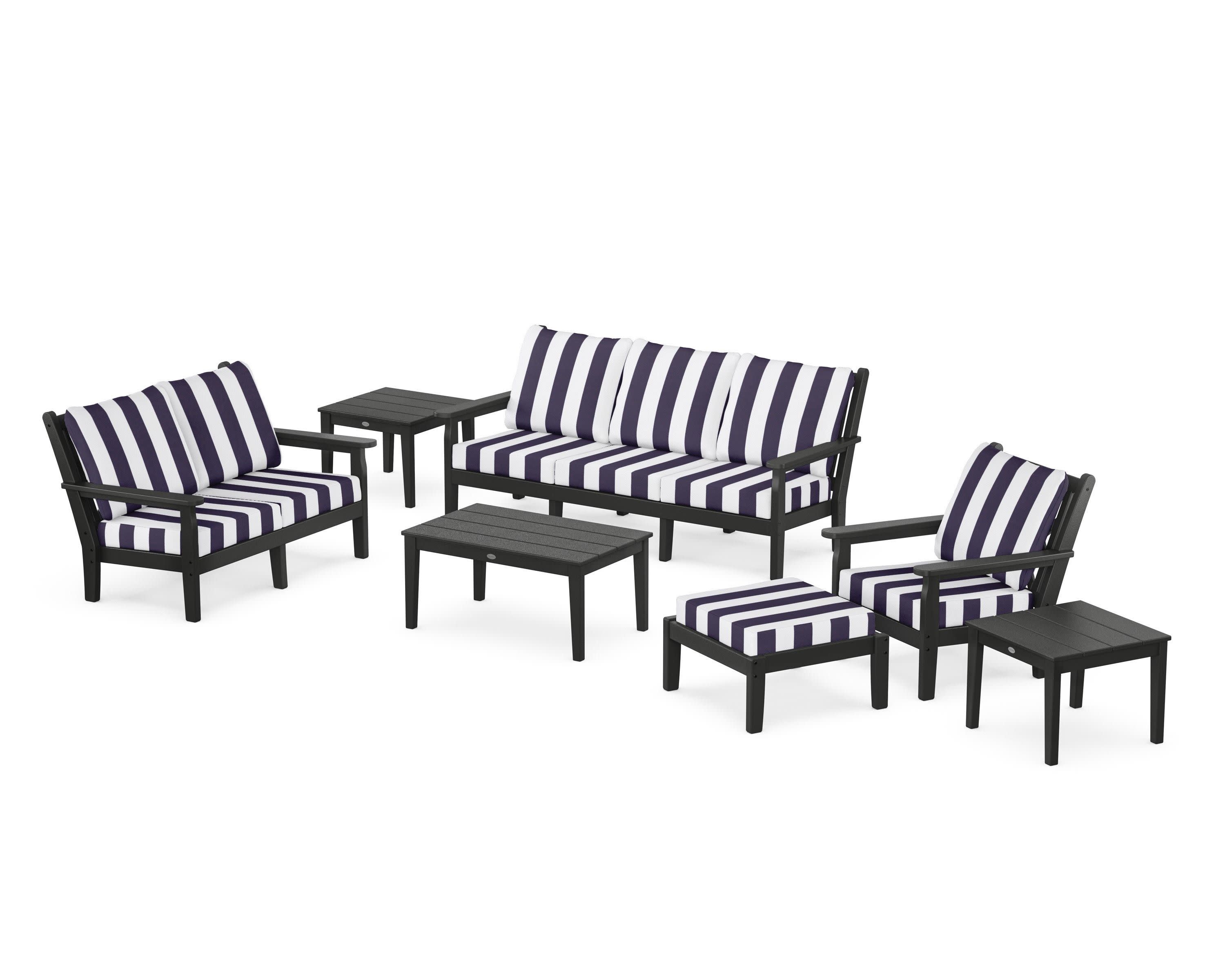 Chippendale 7-Piece Deep Seating Set in Black / Cabana Stripe Navy