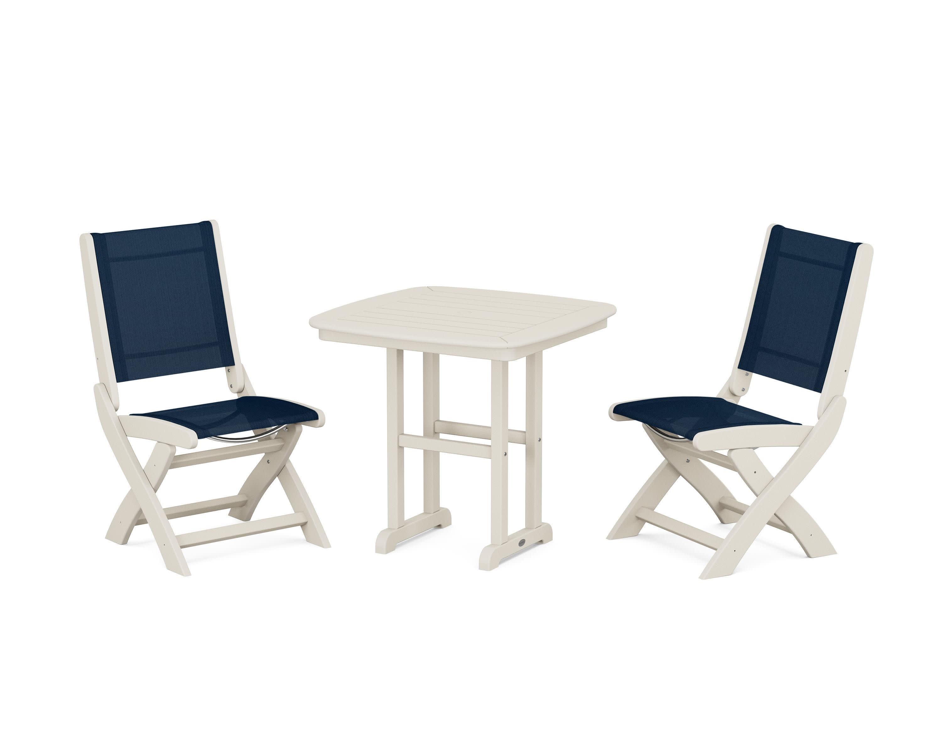 Coastal Folding Side Chair 3-Piece Dining Set in Sand / Navy Blue Sling