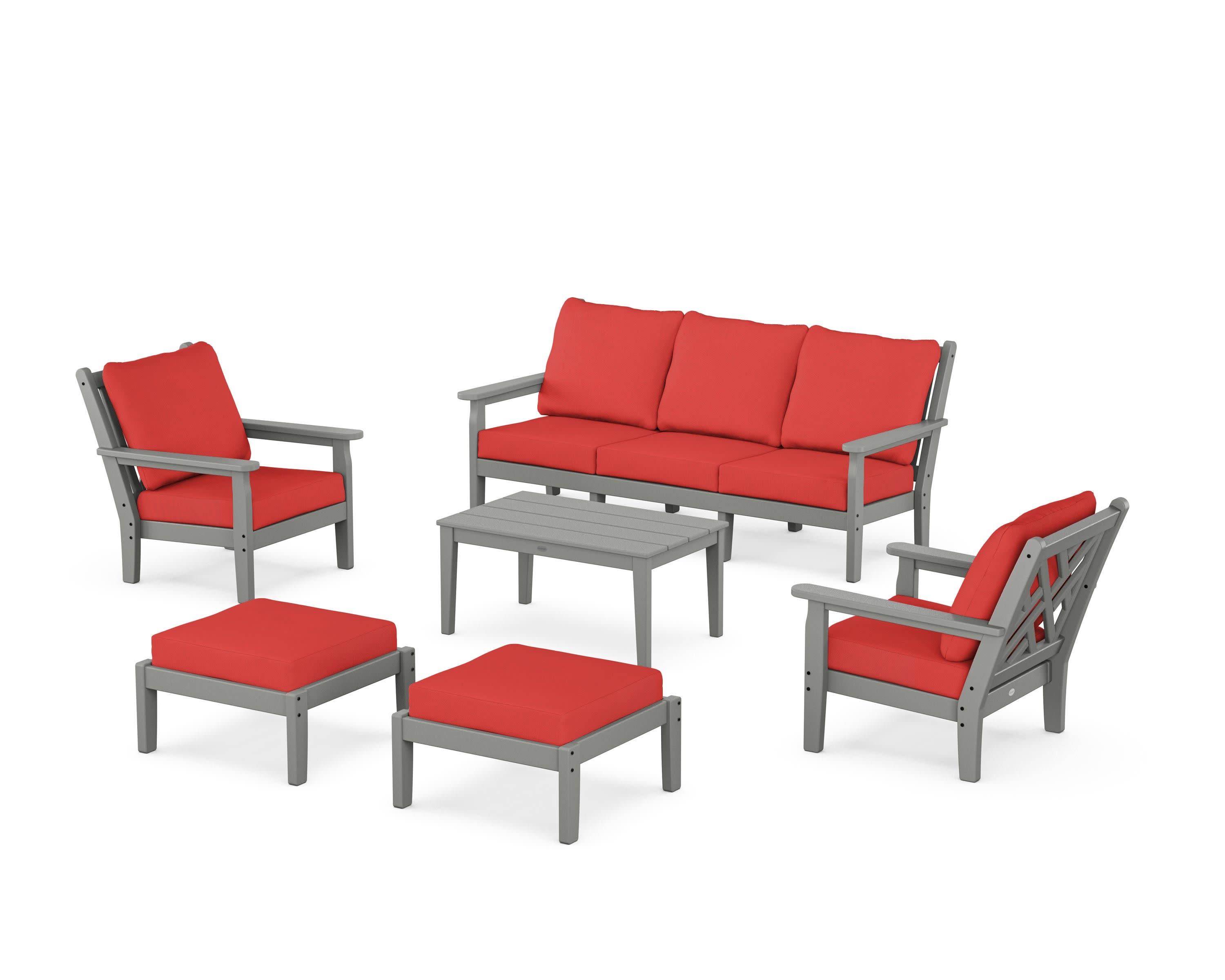 Chippendale 6-Piece Lounge Sofa Set in Slate Grey / Crimson Linen