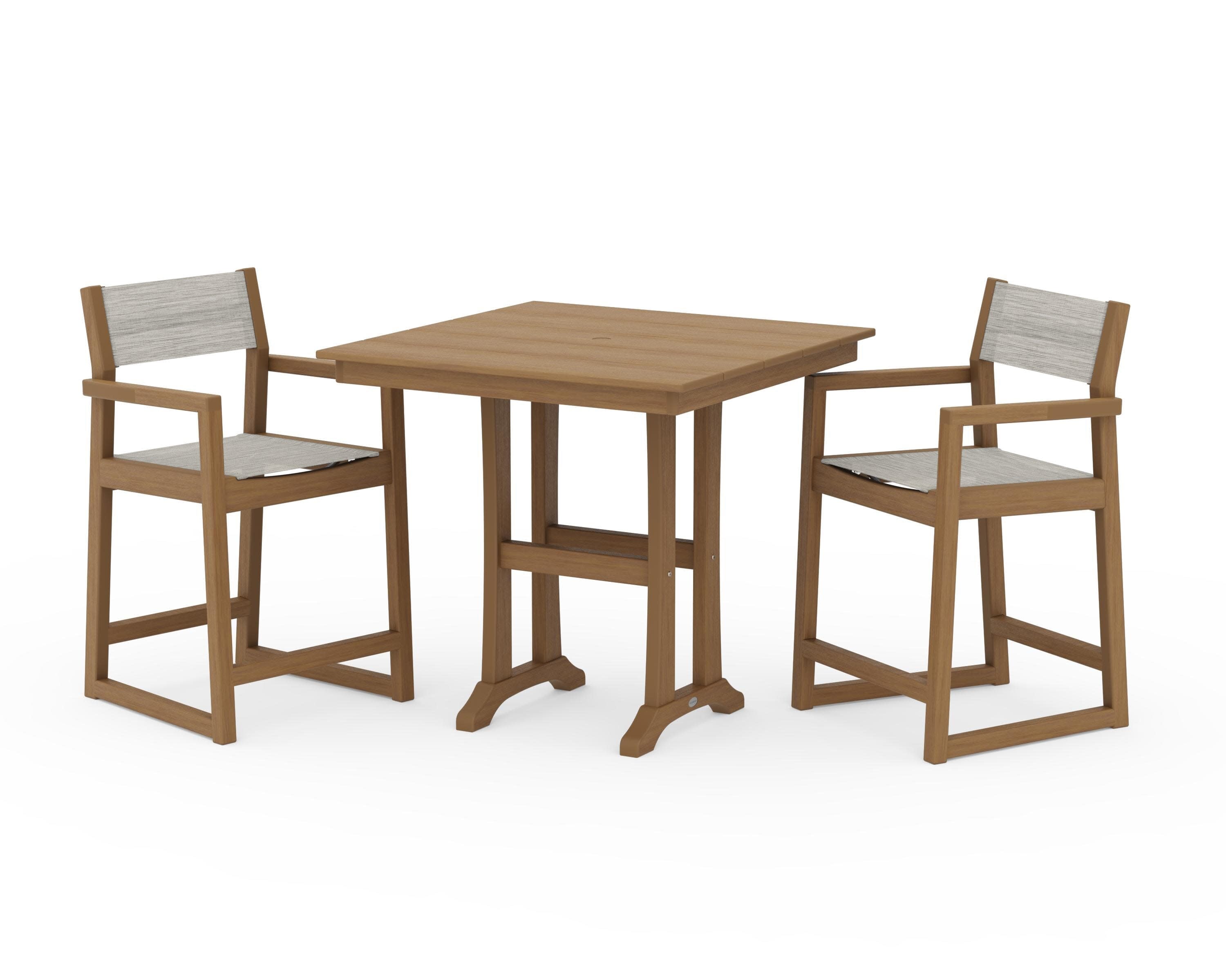 EDGE Sling Arm Chair 3-Piece Farmhouse Counter Set with Trestle Legs in Natural / Birch Sling