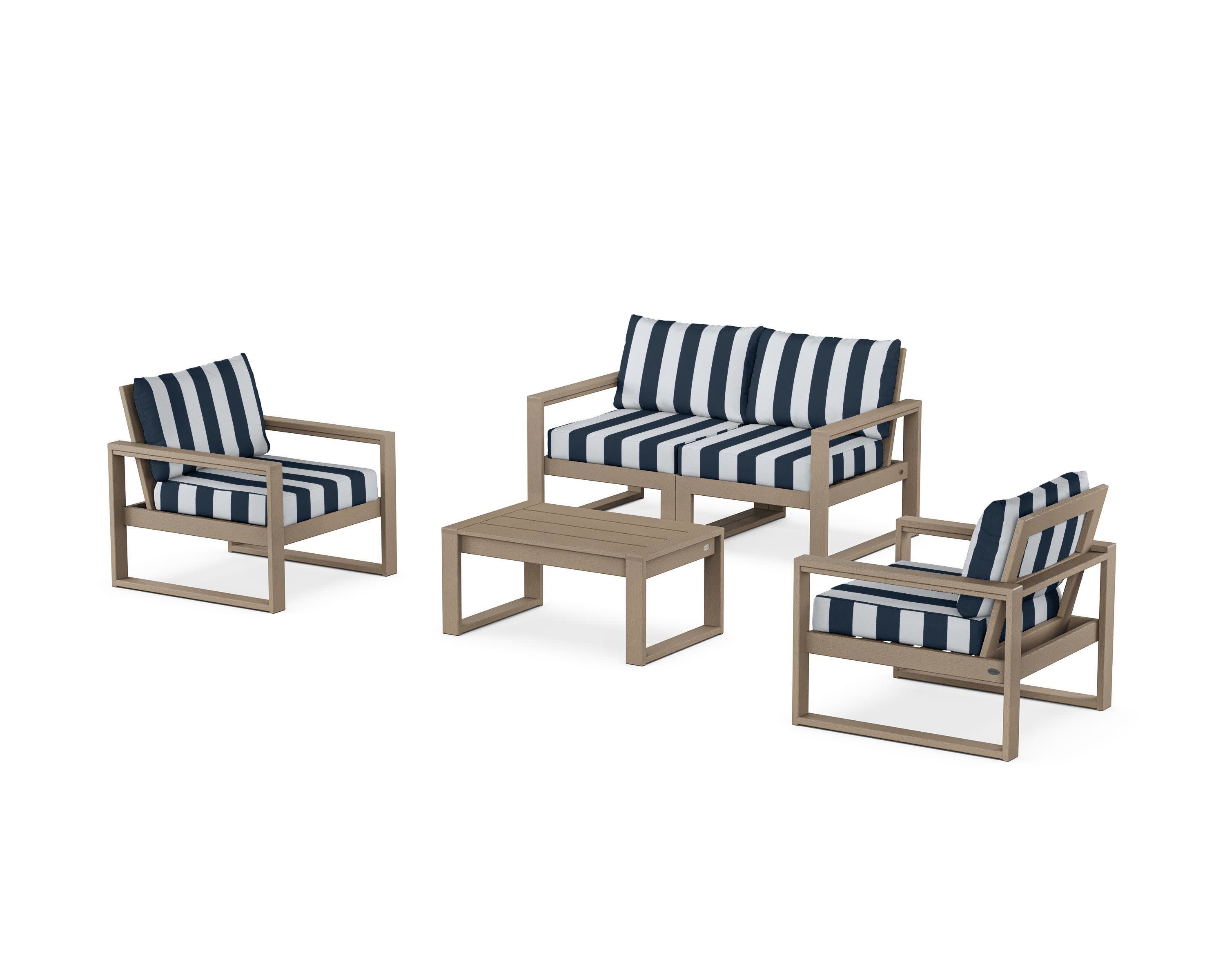 EDGE Sectional 4-Piece Deep Seating Set with Loveseat in Vintage Sahara / Cabana Stripe Marine Indigo