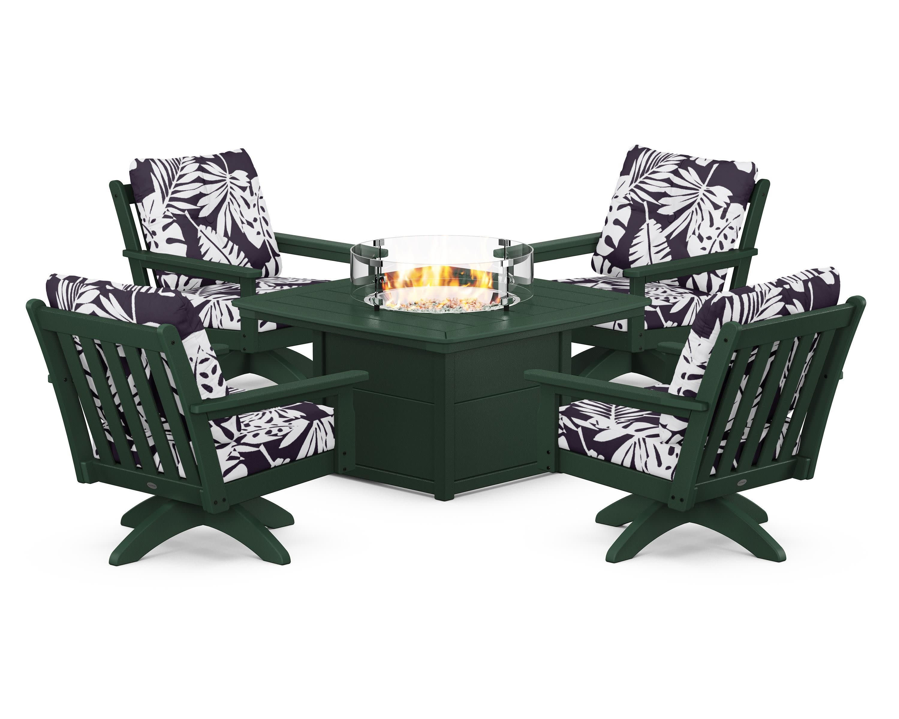Vineyard 5-Piece Deep Seating Swivel Conversation Set with Fire Pit Table in Green / Leaf Navy
