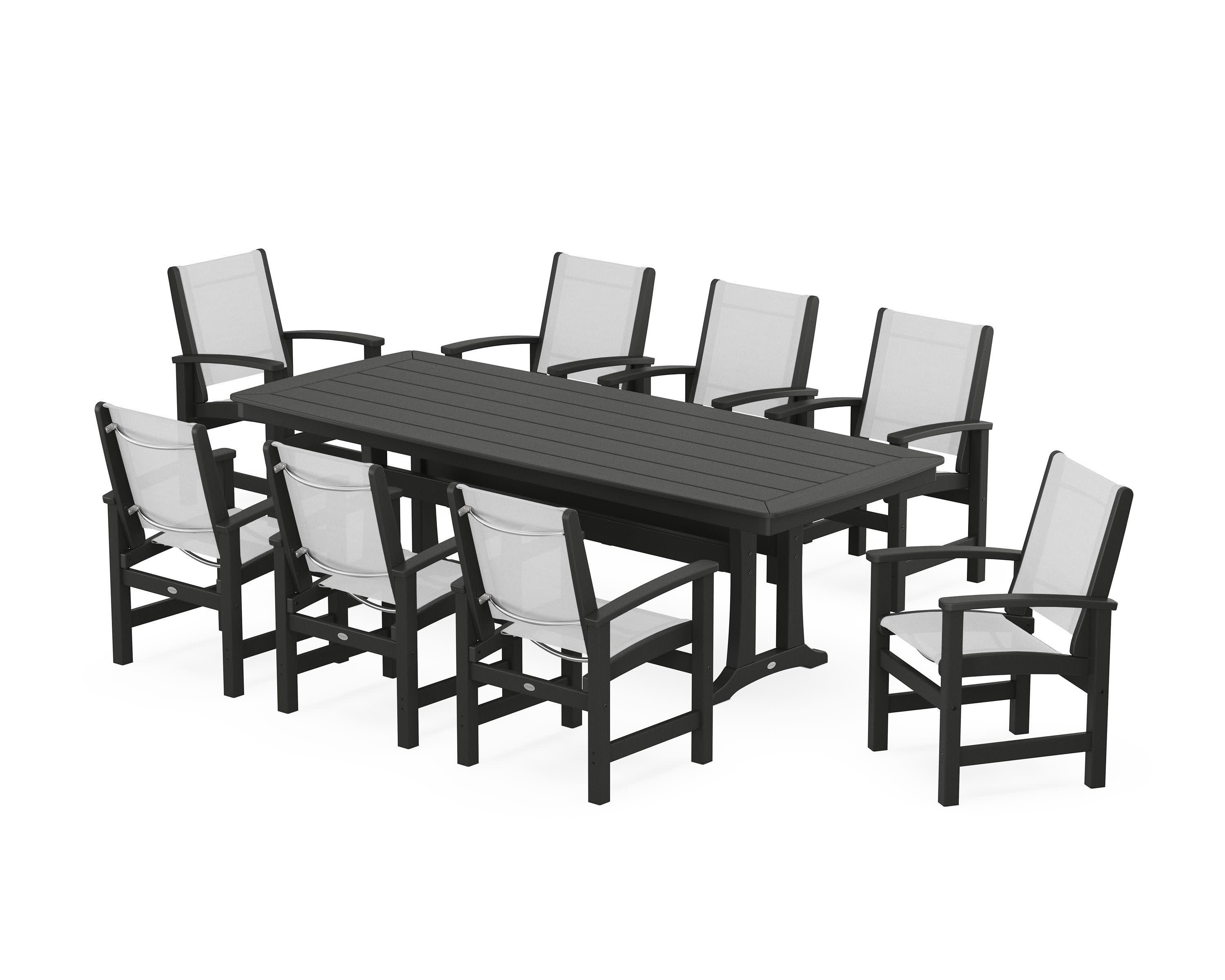 Coastal 9-Piece Dining Set with Trestle Legs in Black / White Sling