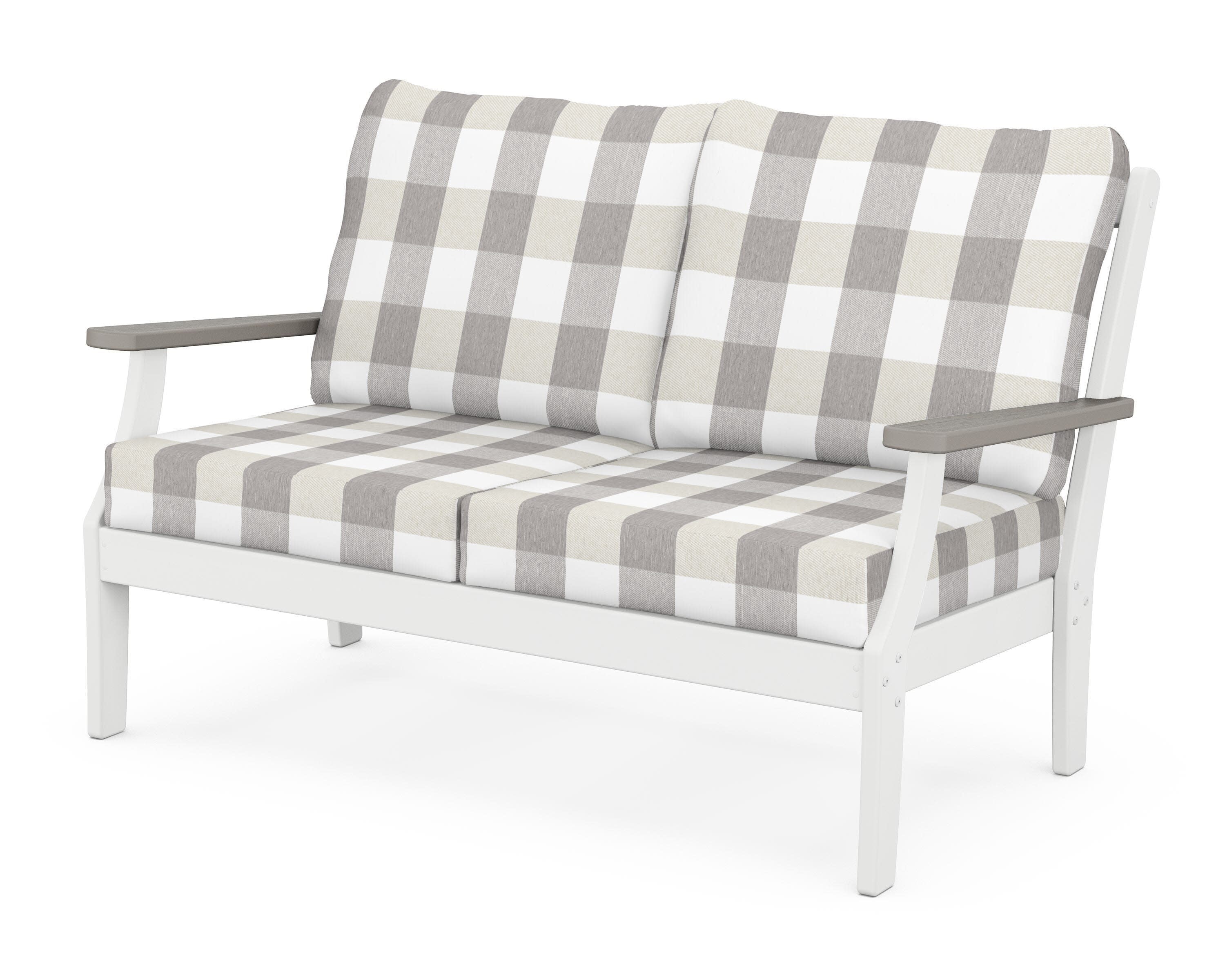 Braxton Deep Seating Loveseat in White / Driftwood / Buffalo Plaid Grey Mist
