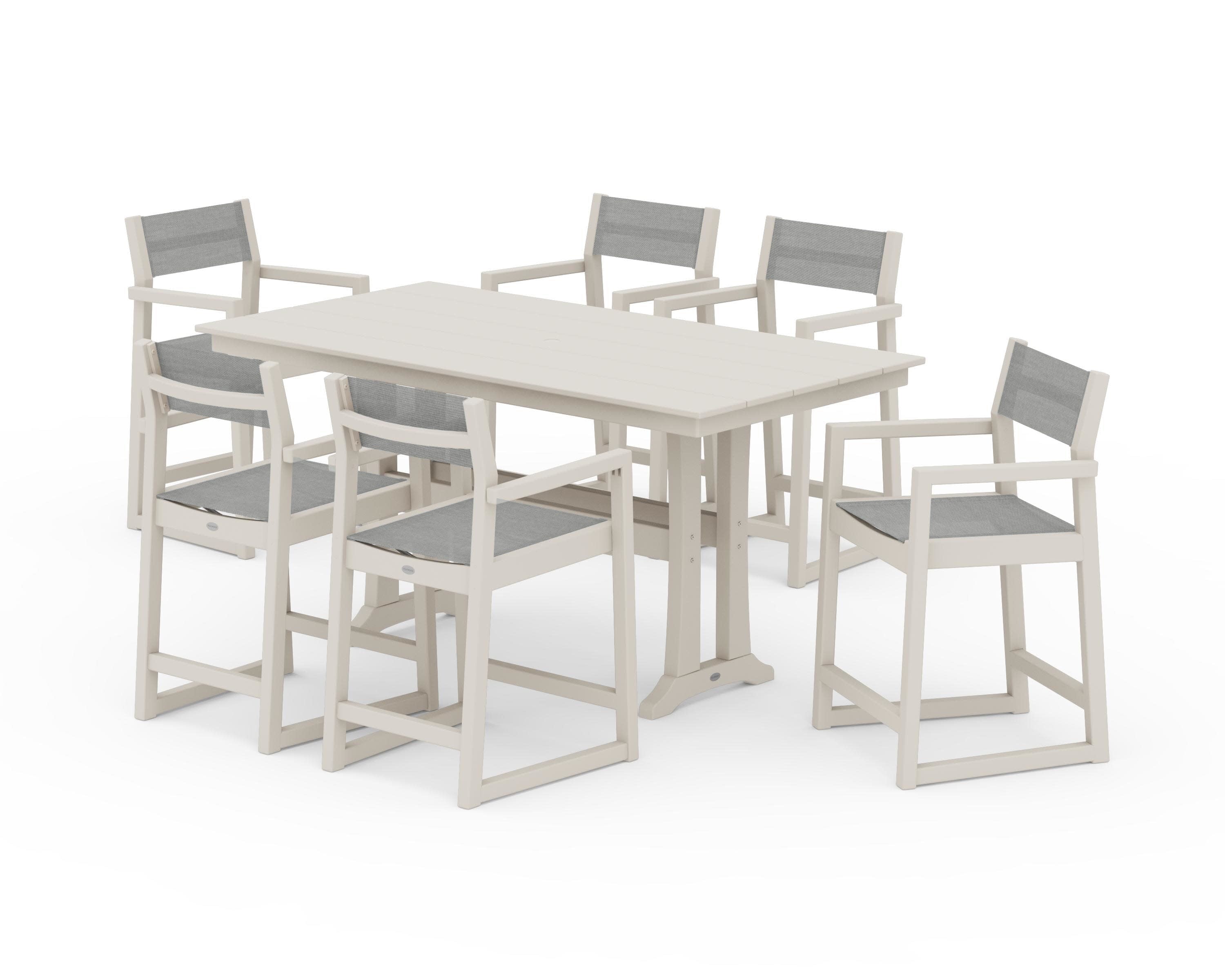 EDGE Sling Arm Chair 7-Piece Farmhouse Counter Set with Trestle Legs in Sand / Metallic Sling