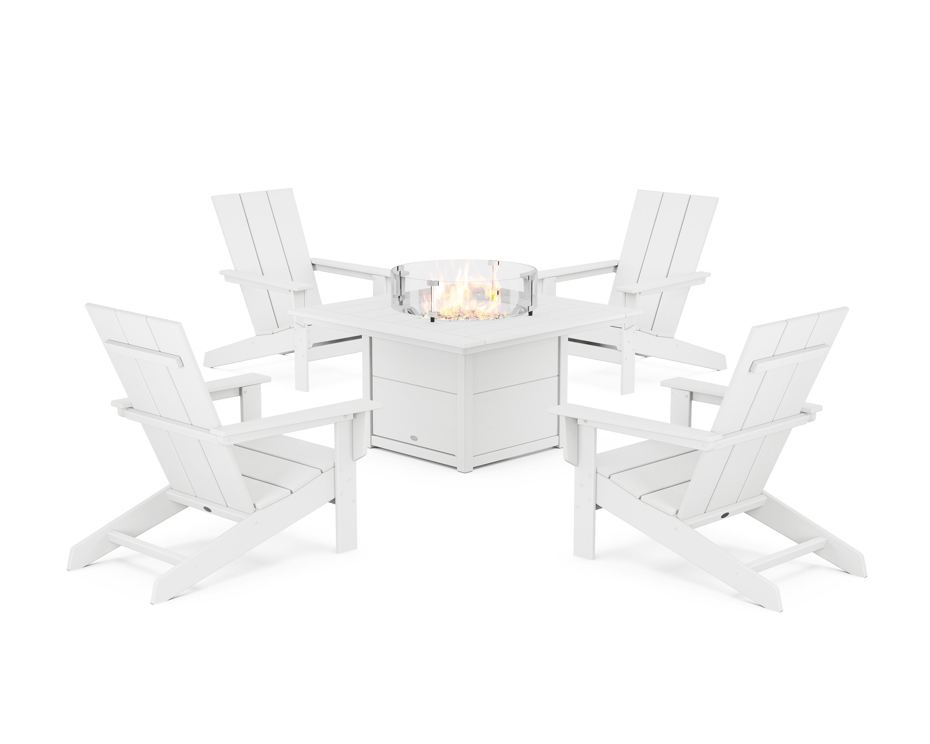 5-Piece Modern Studio Adirondack Conversation Set with Fire Pit Table in White