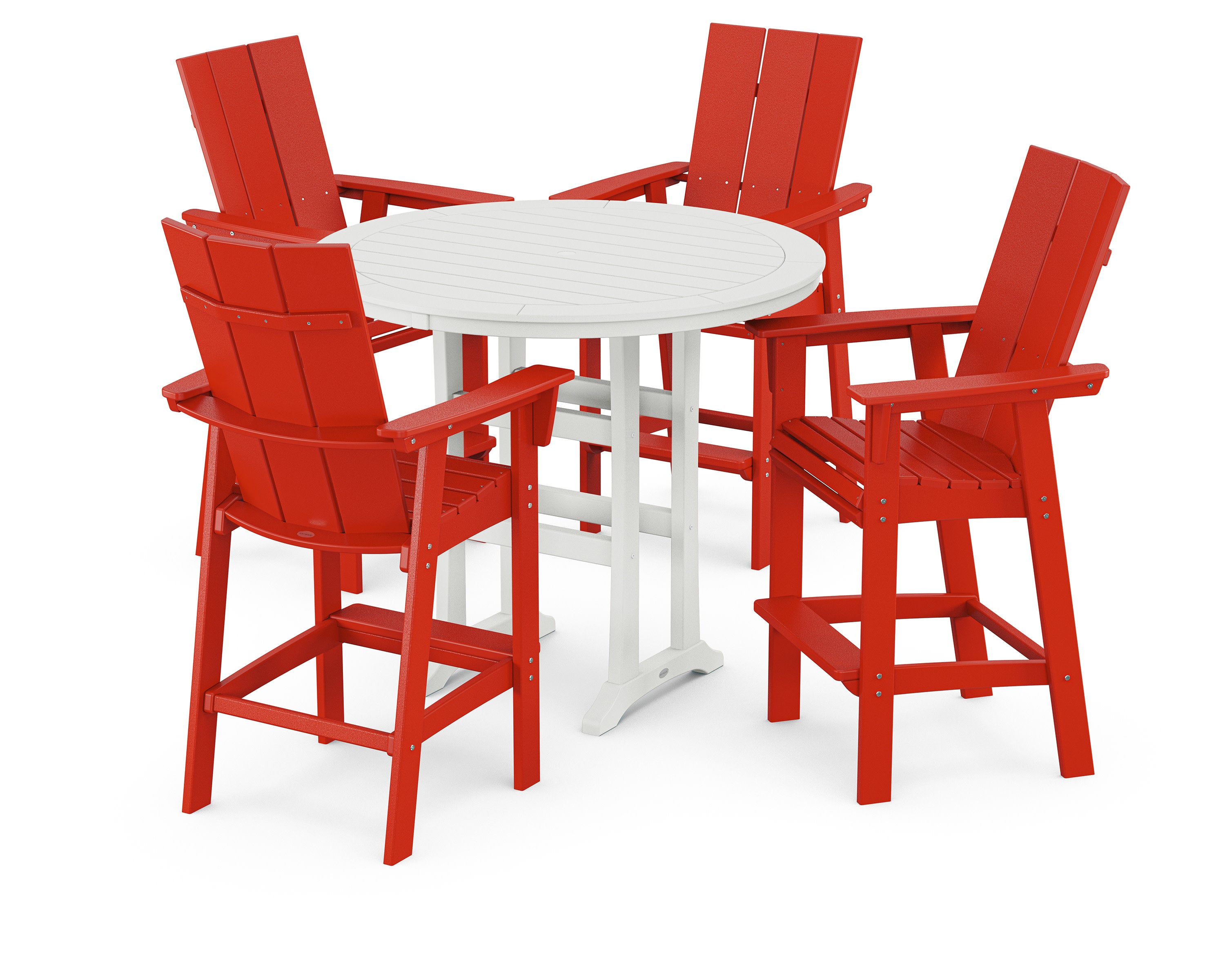 Modern Curveback Adirondack 5-Piece Nautical Trestle Bar Set in Sunset Red / White