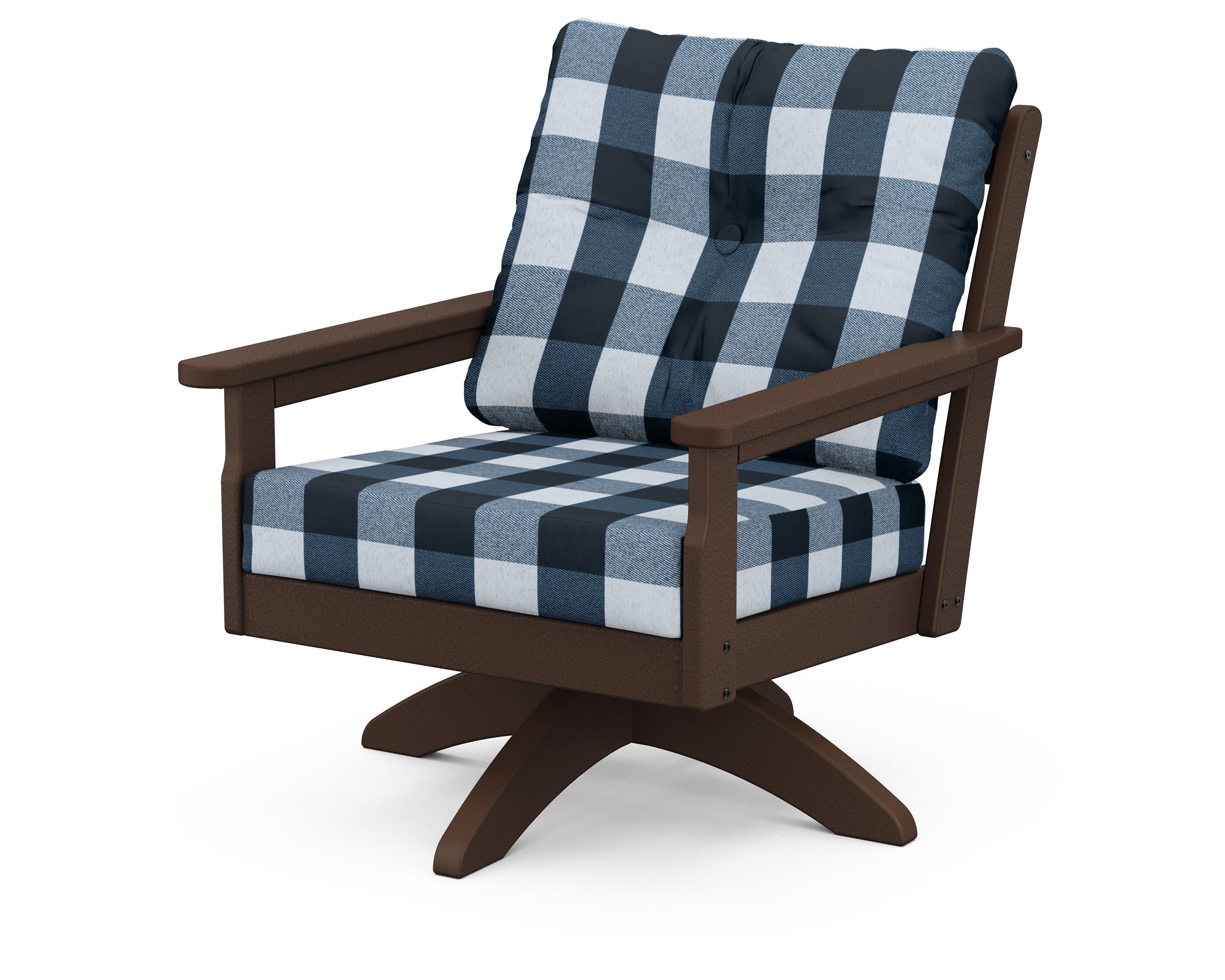 Vineyard Deep Seating Swivel Chair in Mahogany / Buffalo Plaid Marine Indigo