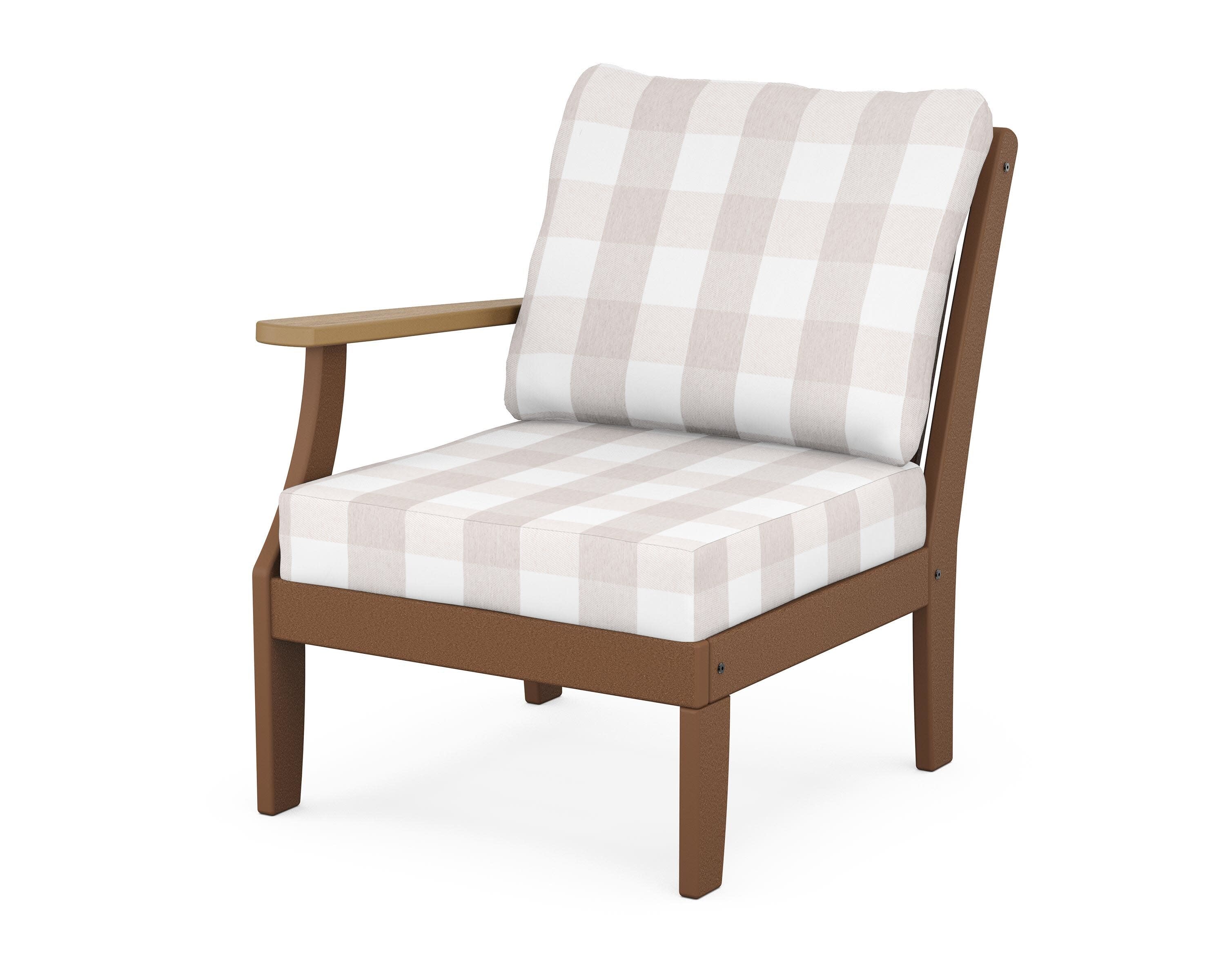Braxton Modular Left Arm Chair in Teak / Natural / Buffalo Plaid Dune Burlap