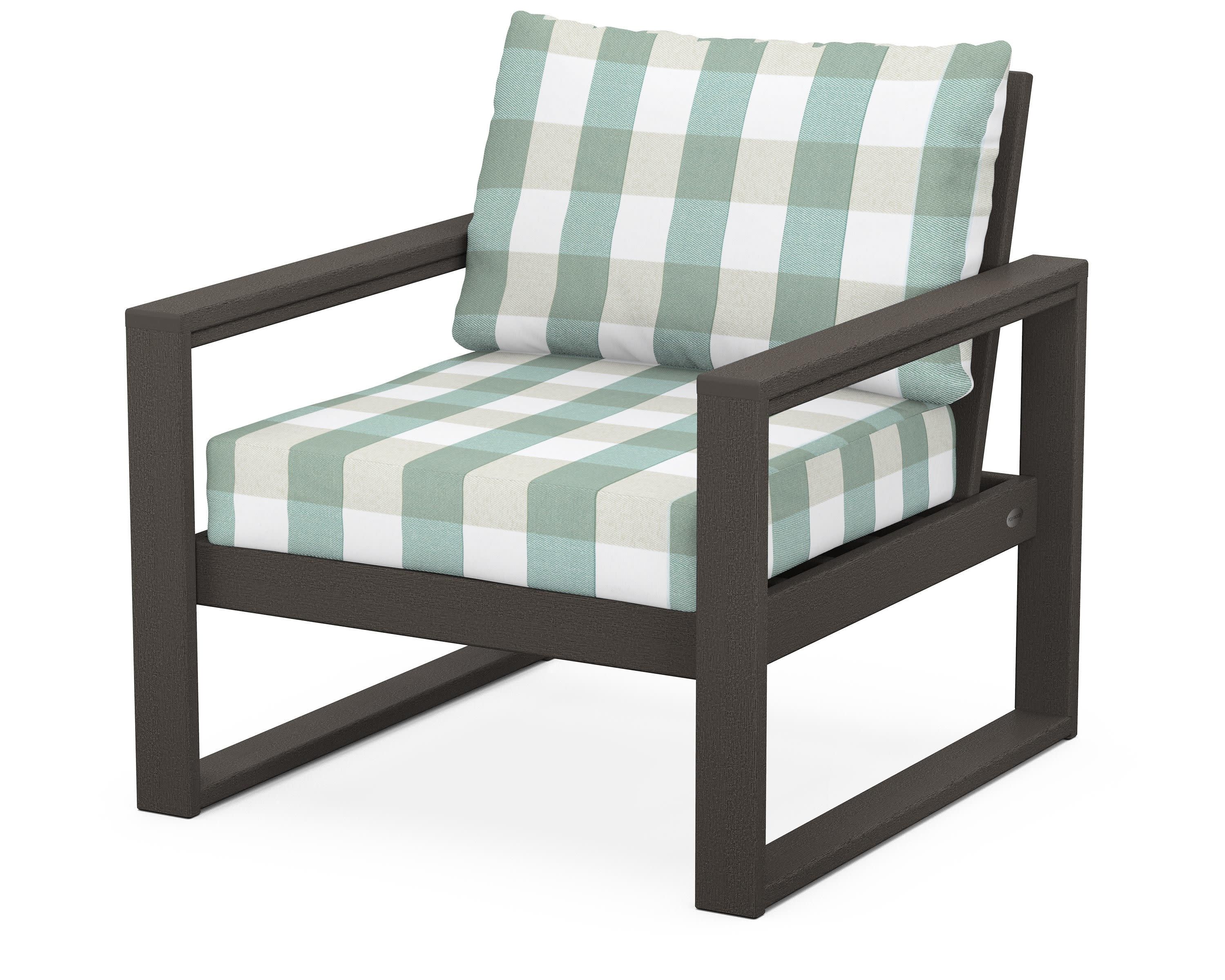 EDGE Club Chair in Vintage Coffee / Buffalo Plaid Glacier Spa