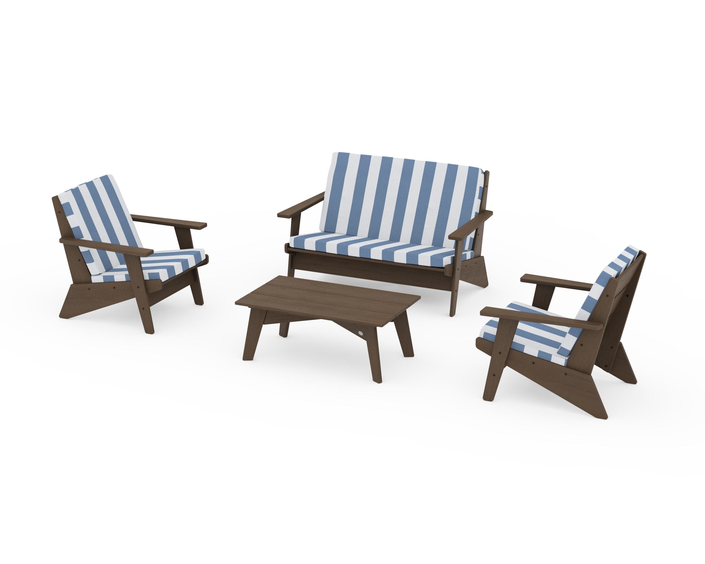 Riviera Modern Lounge 4-Piece Set in Kona / Cabana Stripe Sky Blue
