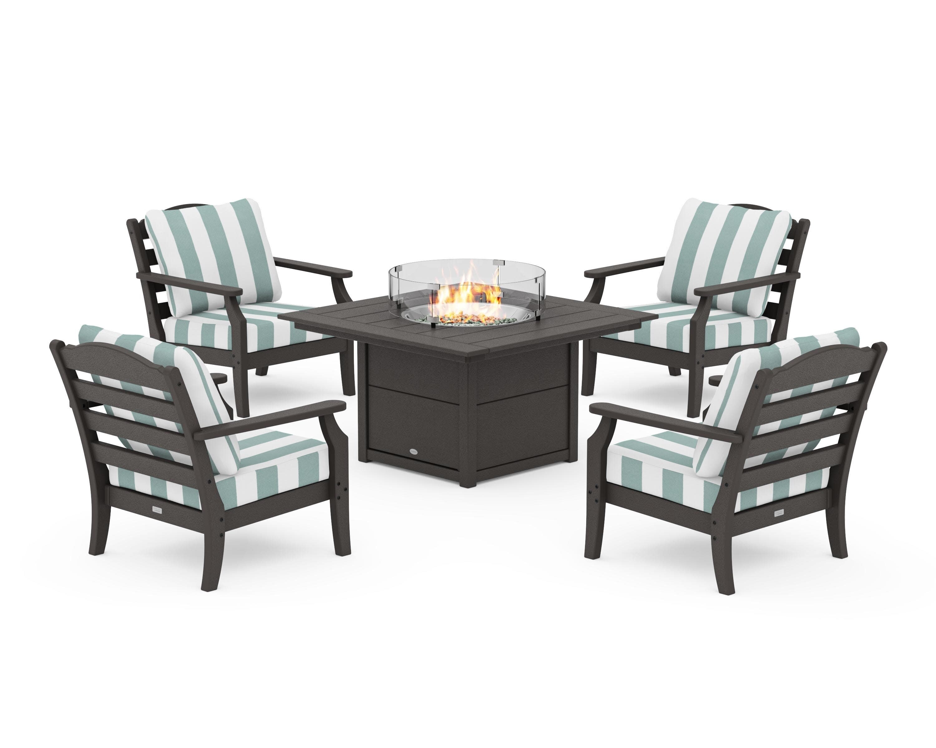 Savannah 5-Piece Deep Seating Set with Fire Pit Table in Vintage Coffee / Cabana Stripe Glacier Spa