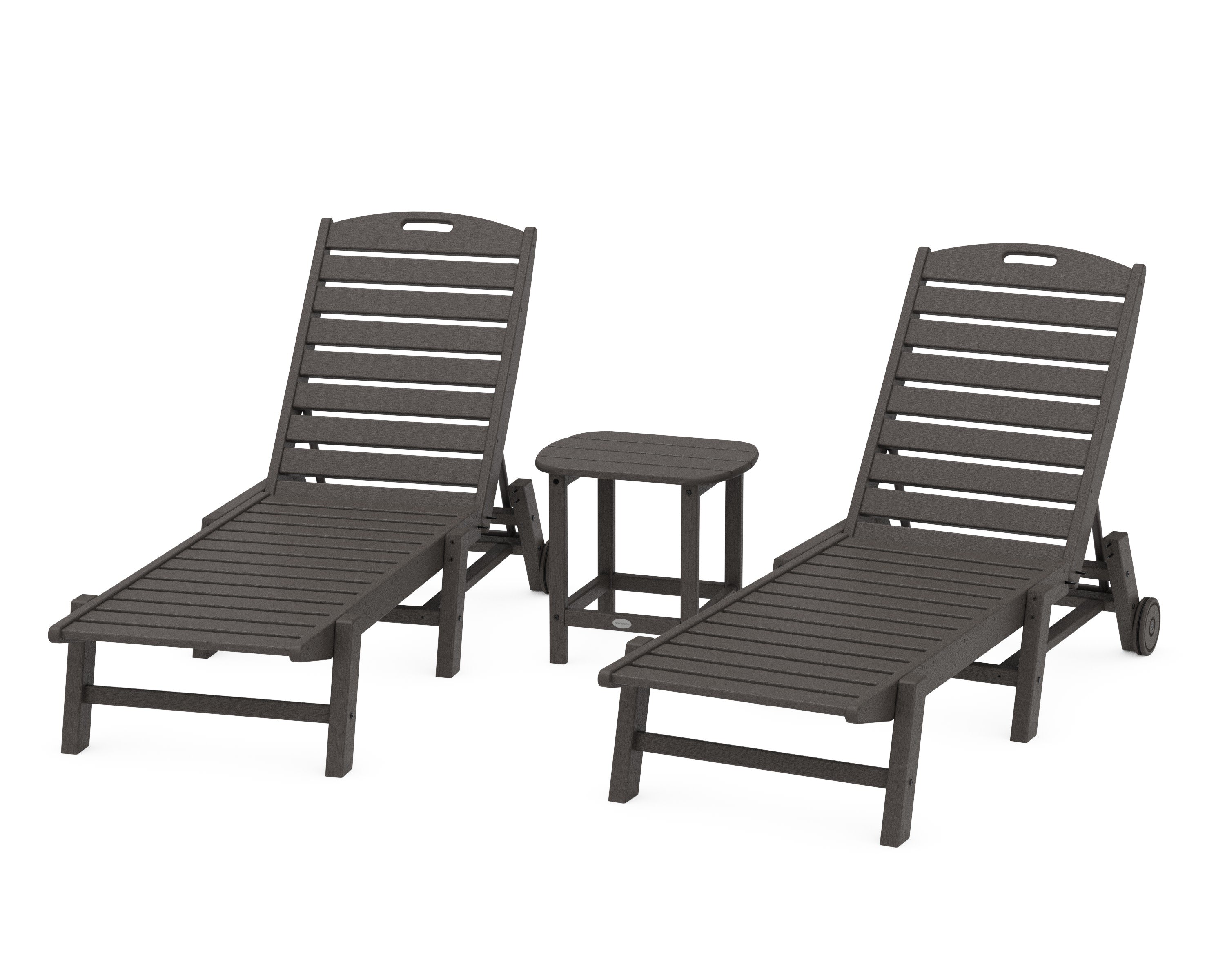 Nautical 3-Piece Chaise Lounge with Wheels Set with South Beach 18" Side Table in Vintage Coffee