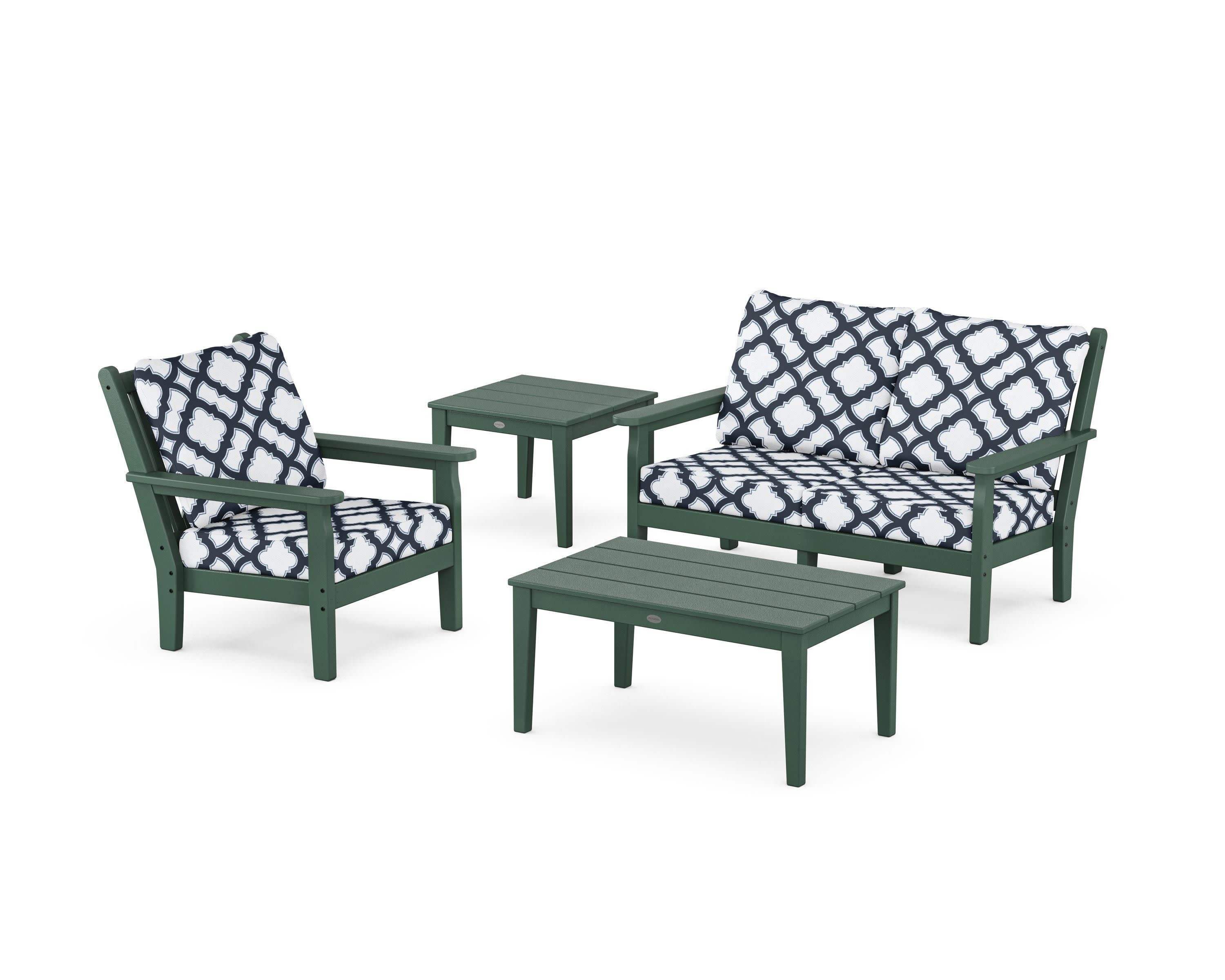 Chippendale 4-Piece Deep Seating Set in Green / Trellis Marine Indigo