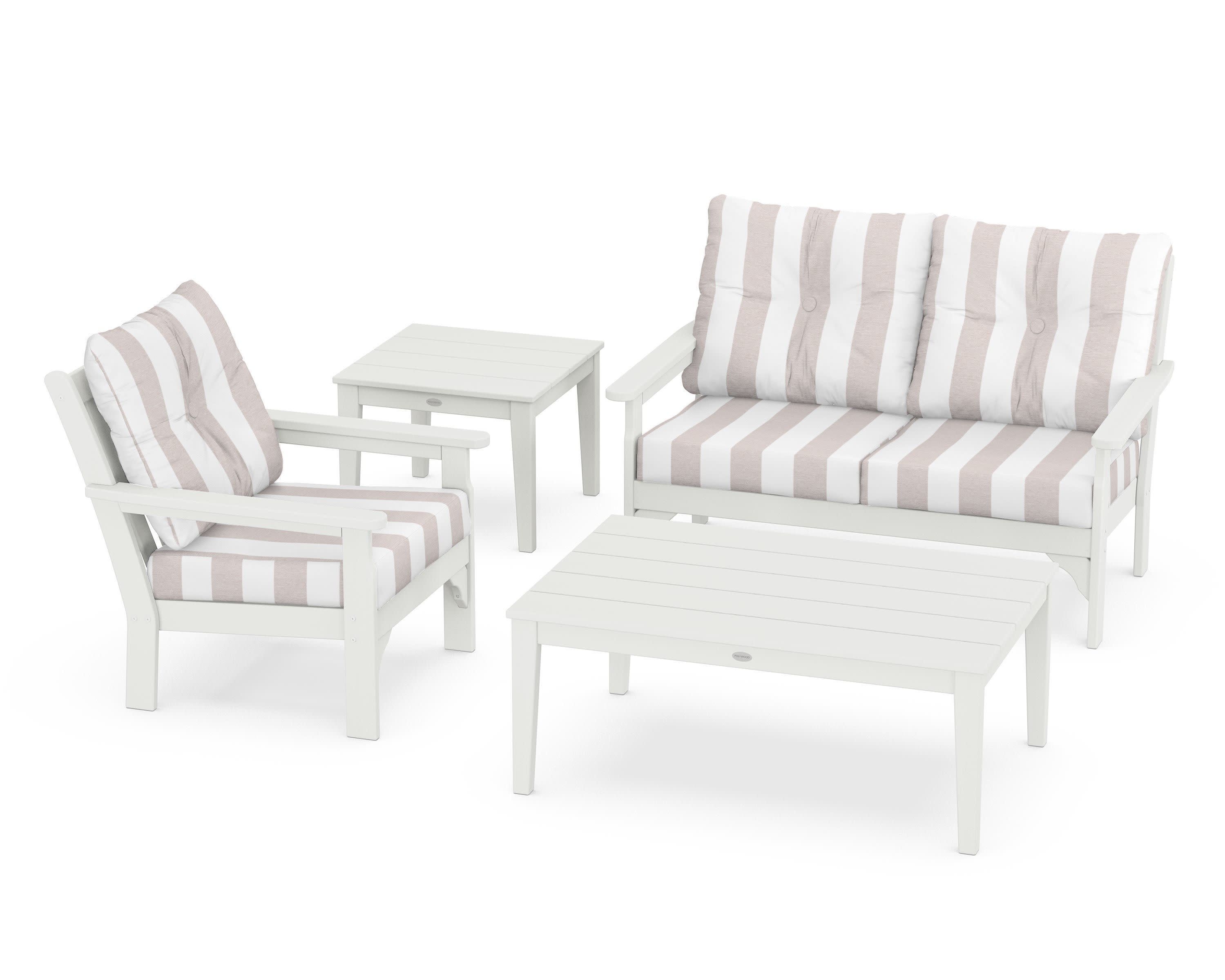 Vineyard 4-Piece Deep Seating Set in Vintage White / Cabana Stripe Dune Burlap
