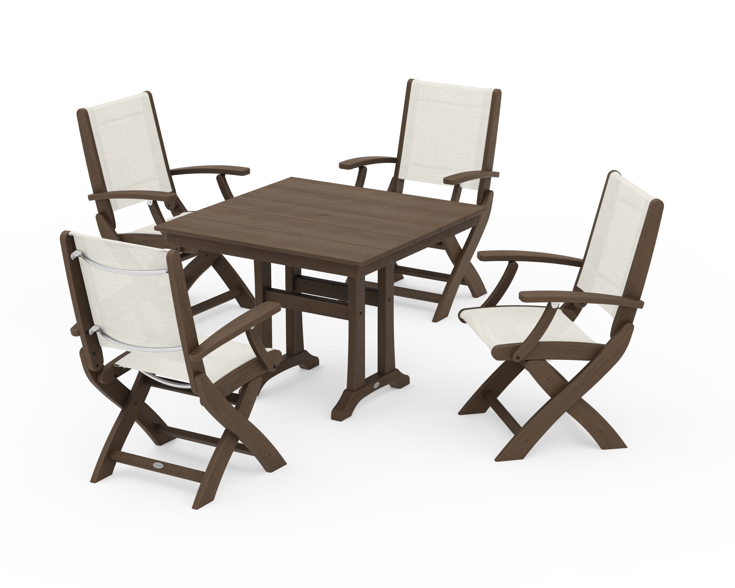 Coastal Folding Chair 5-Piece Farmhouse Dining Set With Trestle Legs in Kona / Parchment Sling
