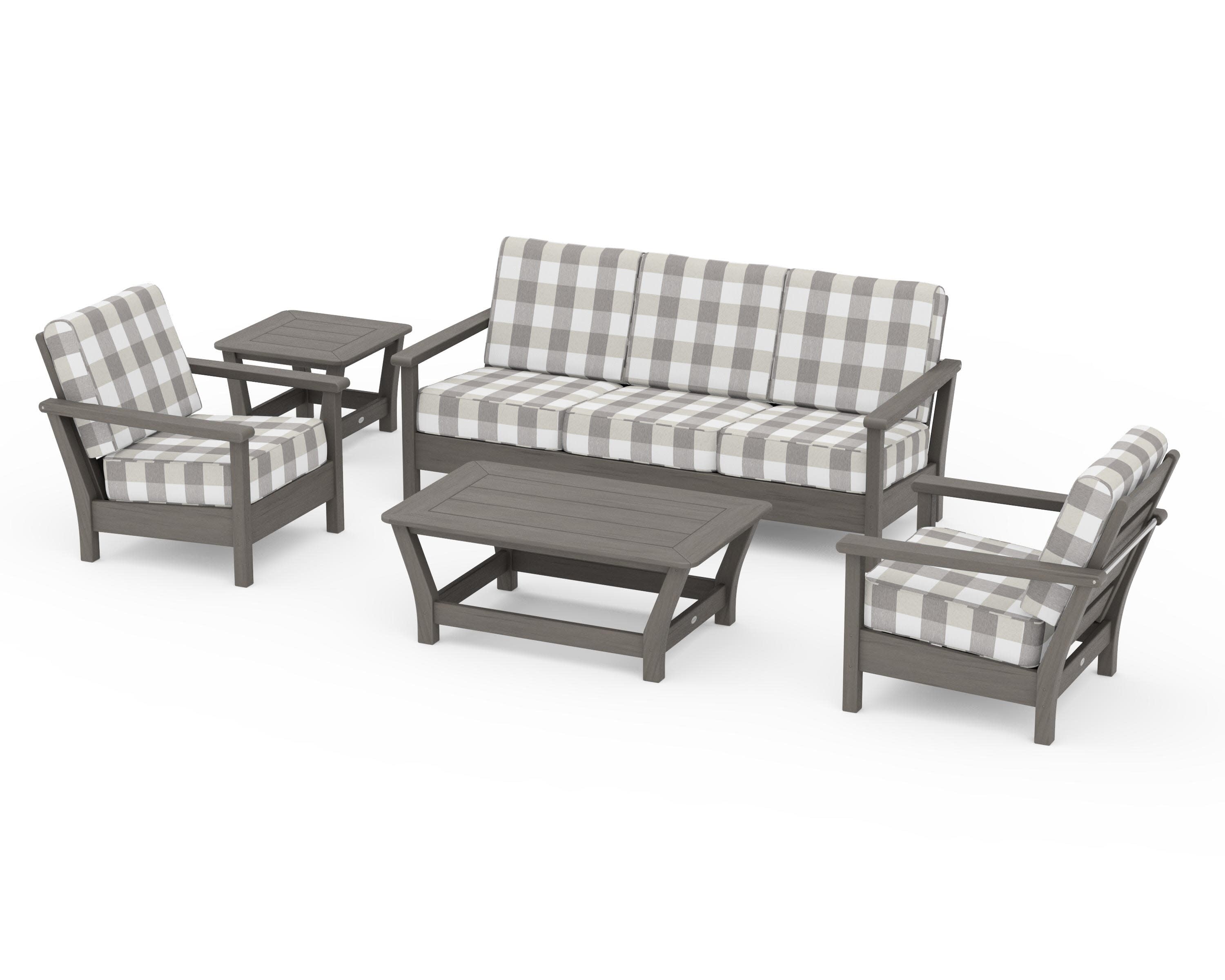Harbour 5-Piece Deep Seating Set in Driftwood / Buffalo Plaid Grey Mist