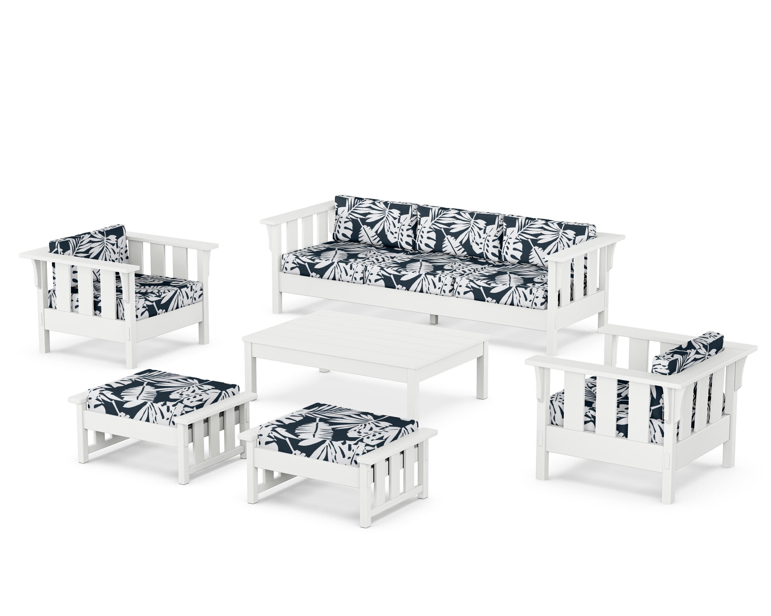 Acadia 6-Piece Lounge Sofa Set in White / Leaf Marine Indigo