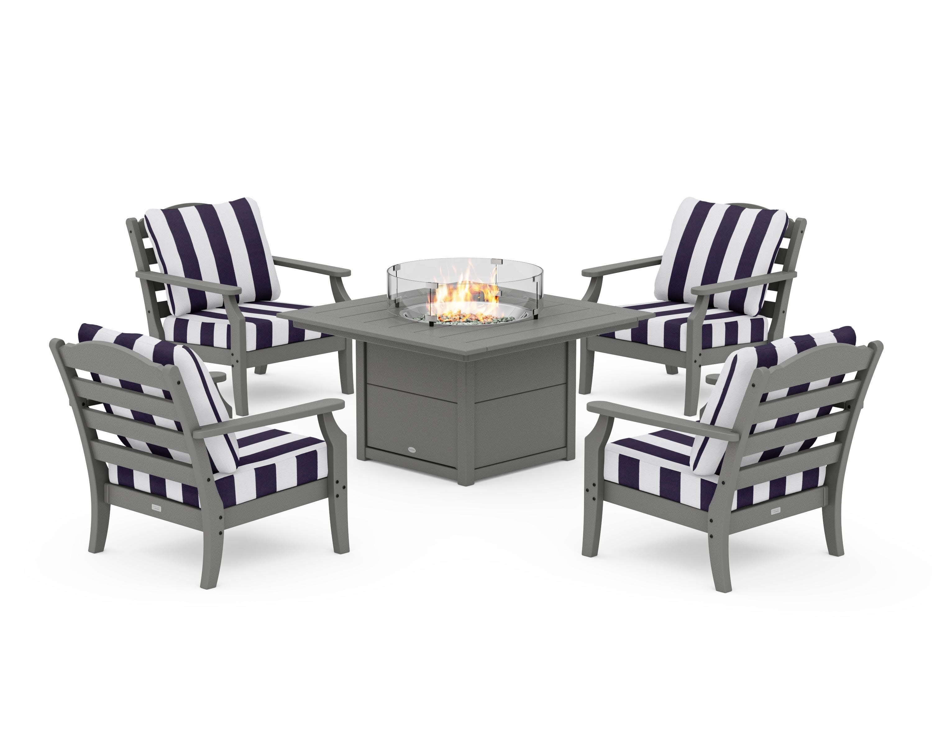 Savannah 5-Piece Deep Seating Set with Fire Pit Table in Slate Grey / Cabana Stripe Navy