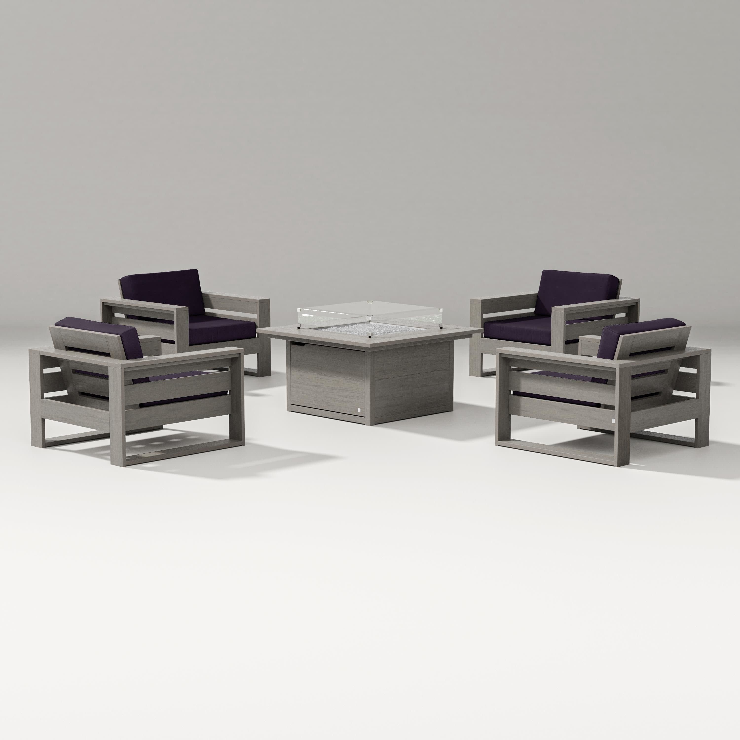 Latitude 5-Piece Lounge Fire Table Set in Driftwood / Navy Linen