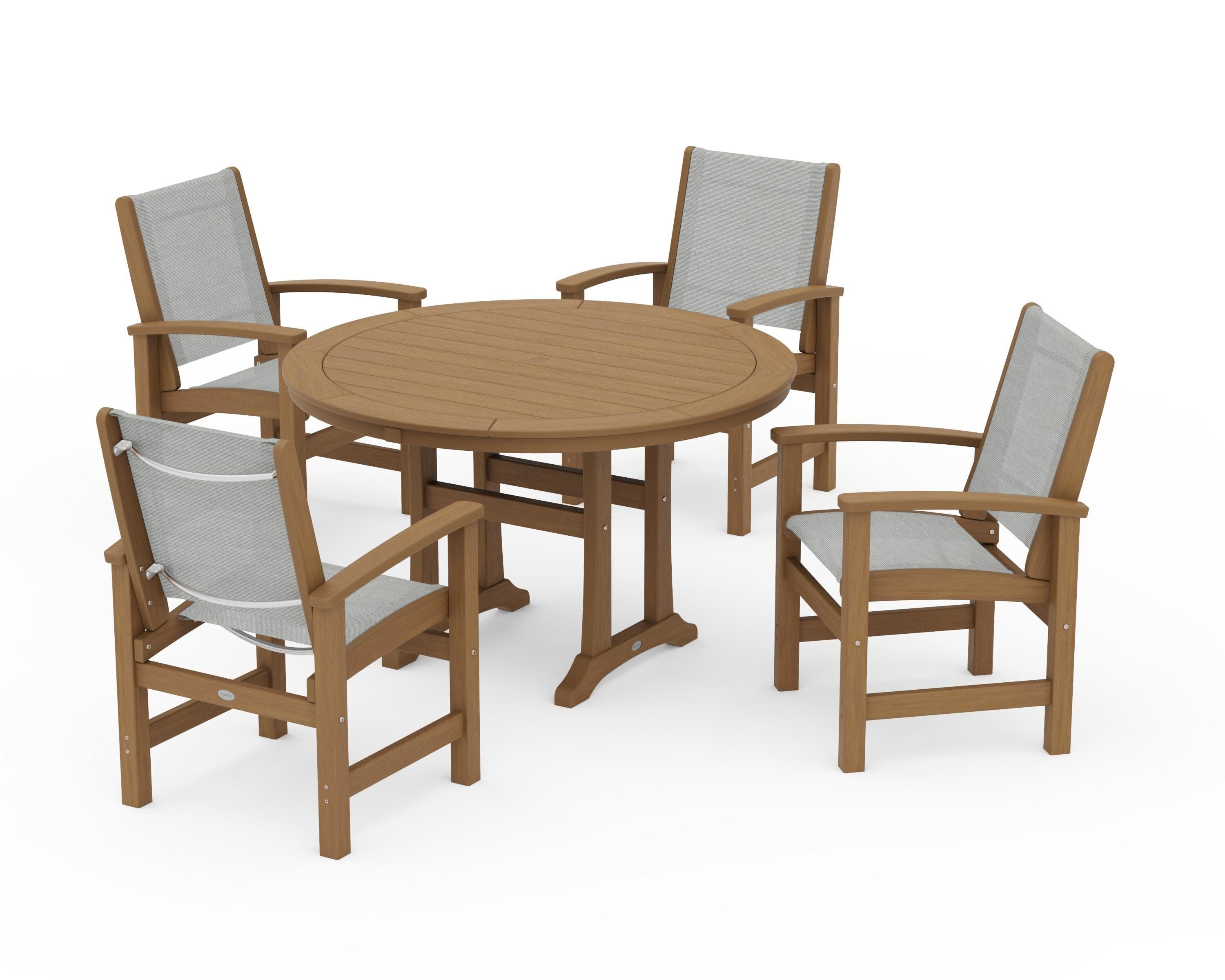 Coastal 5-Piece Round Dining Set with Trestle Legs in Natural / Metallic Sling
