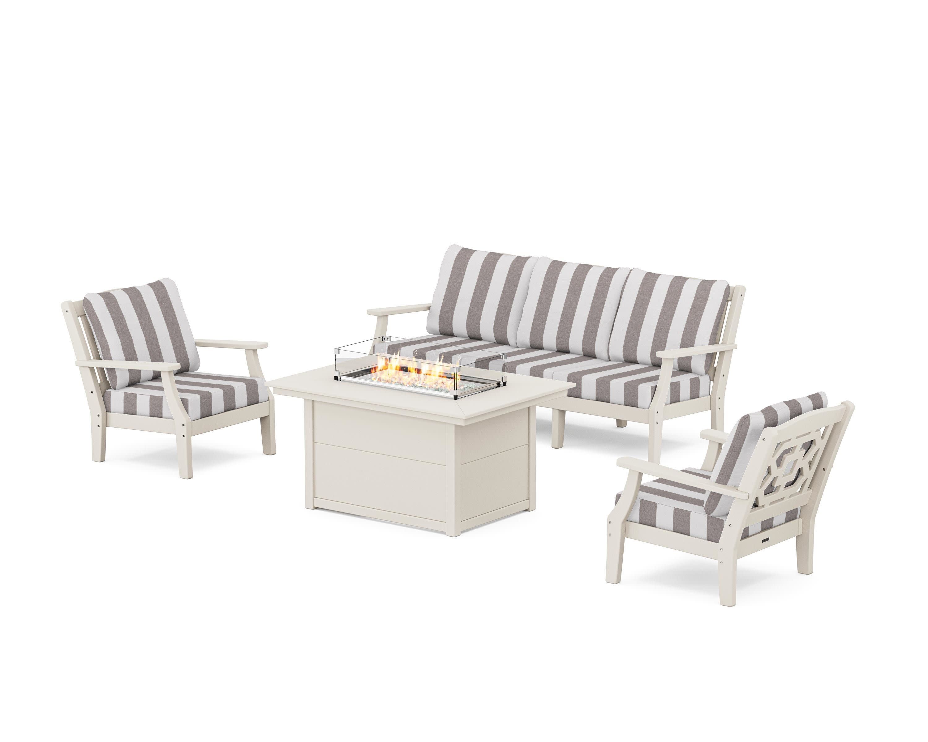 Chinoiserie Deep Seating Fire Pit Table Set in Sand / Cabana Stripe Grey Mist