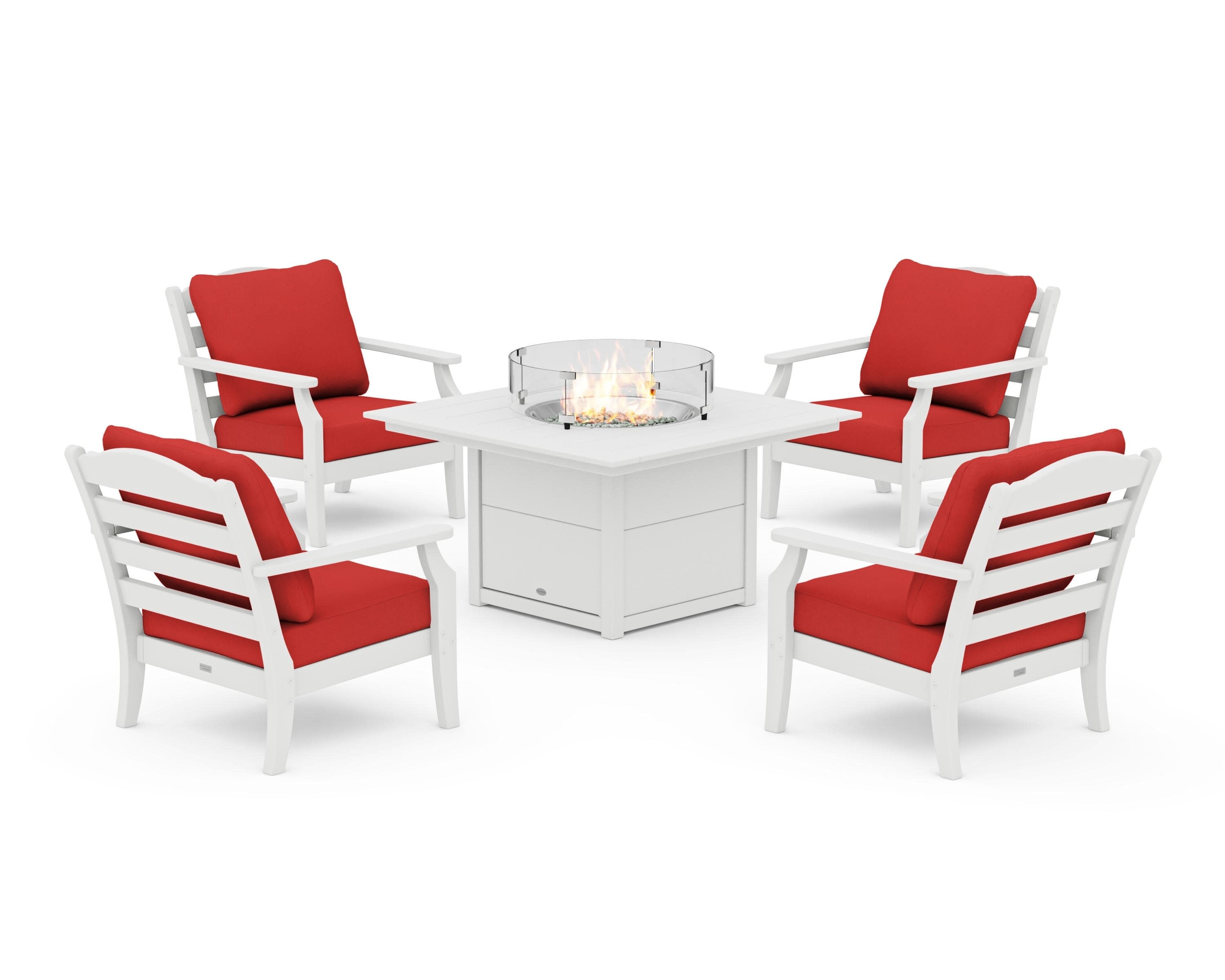 Savannah 5-Piece Deep Seating Set with Fire Pit Table in White / Crimson Linen