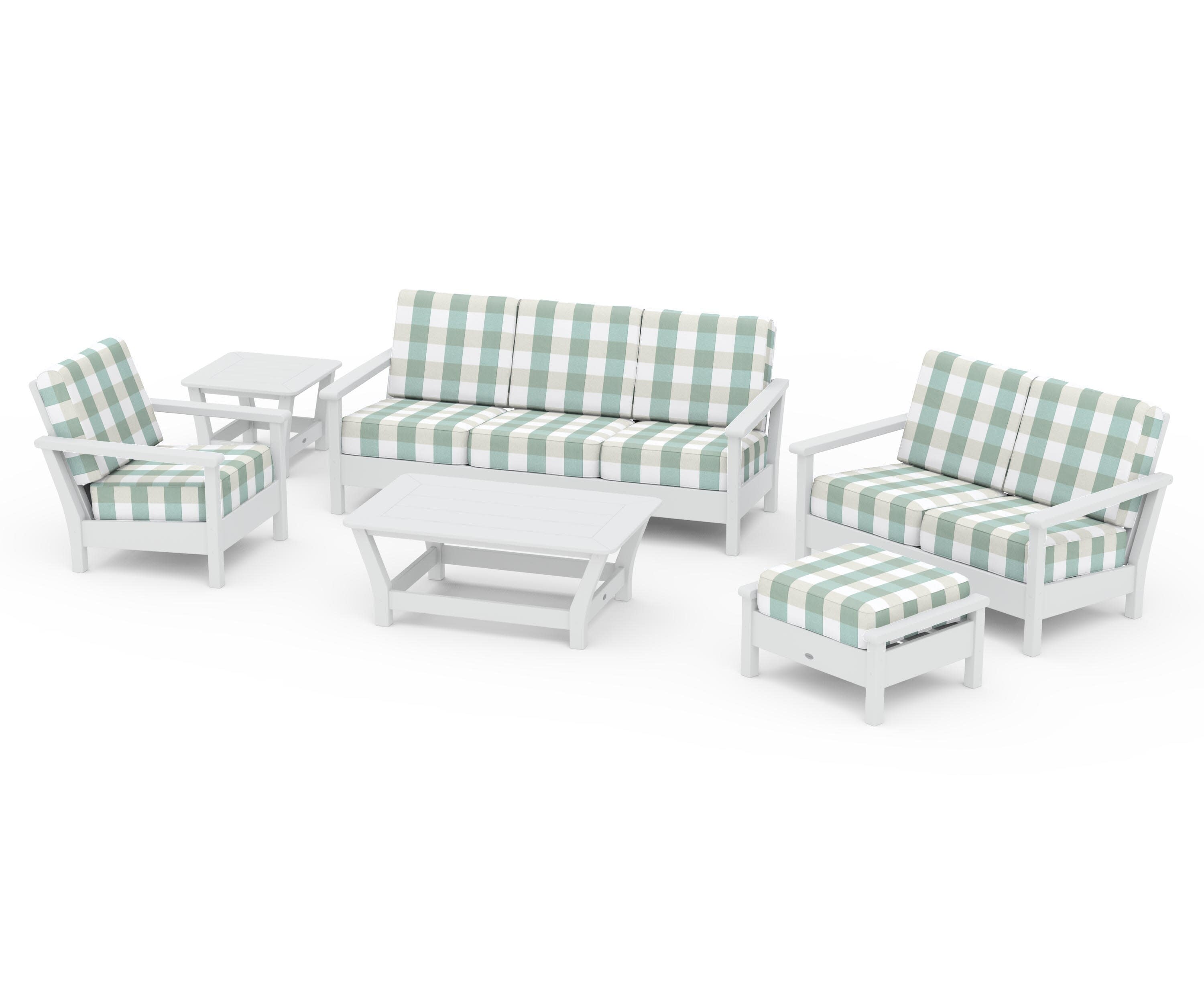Harbour 6-Piece Outdoor Living Set in White / Buffalo Plaid Glacier Spa