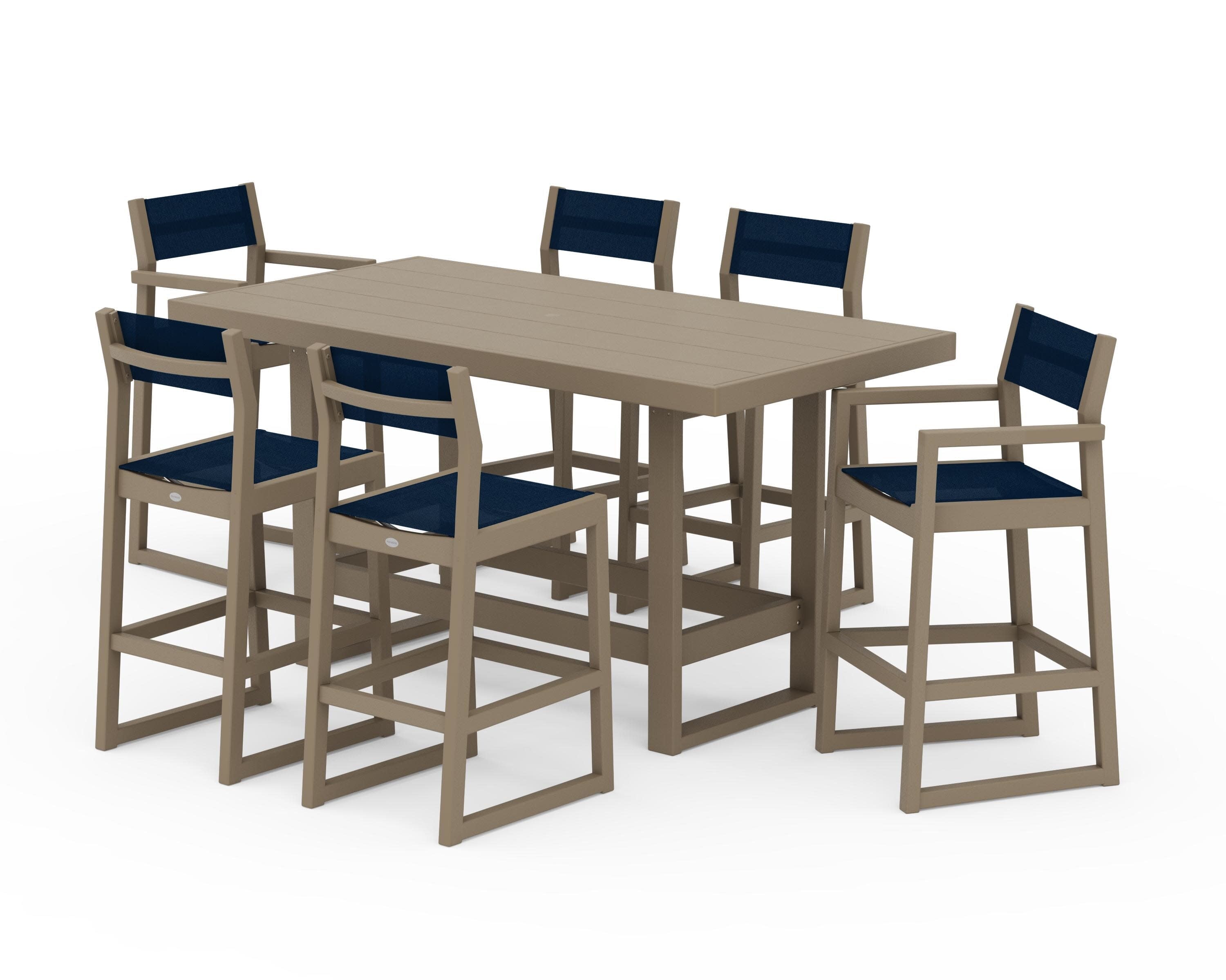 EDGE Sling 7-Piece Bar Table Set in Vintage Sahara / Navy Blue Sling