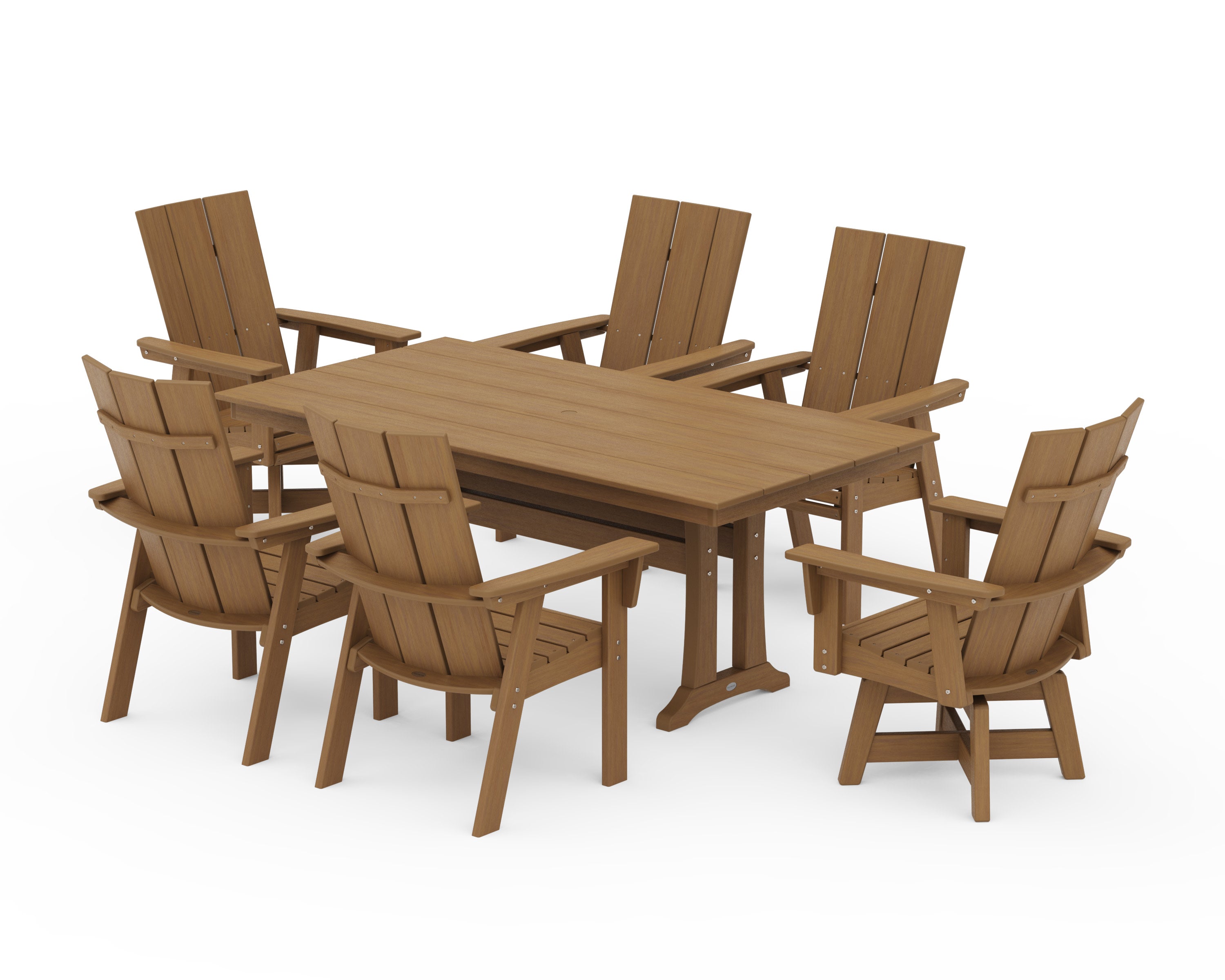 Modern Curveback Adirondack Swivel Chair 7-Piece Farmhouse Dining Set With Trestle Legs in Natural