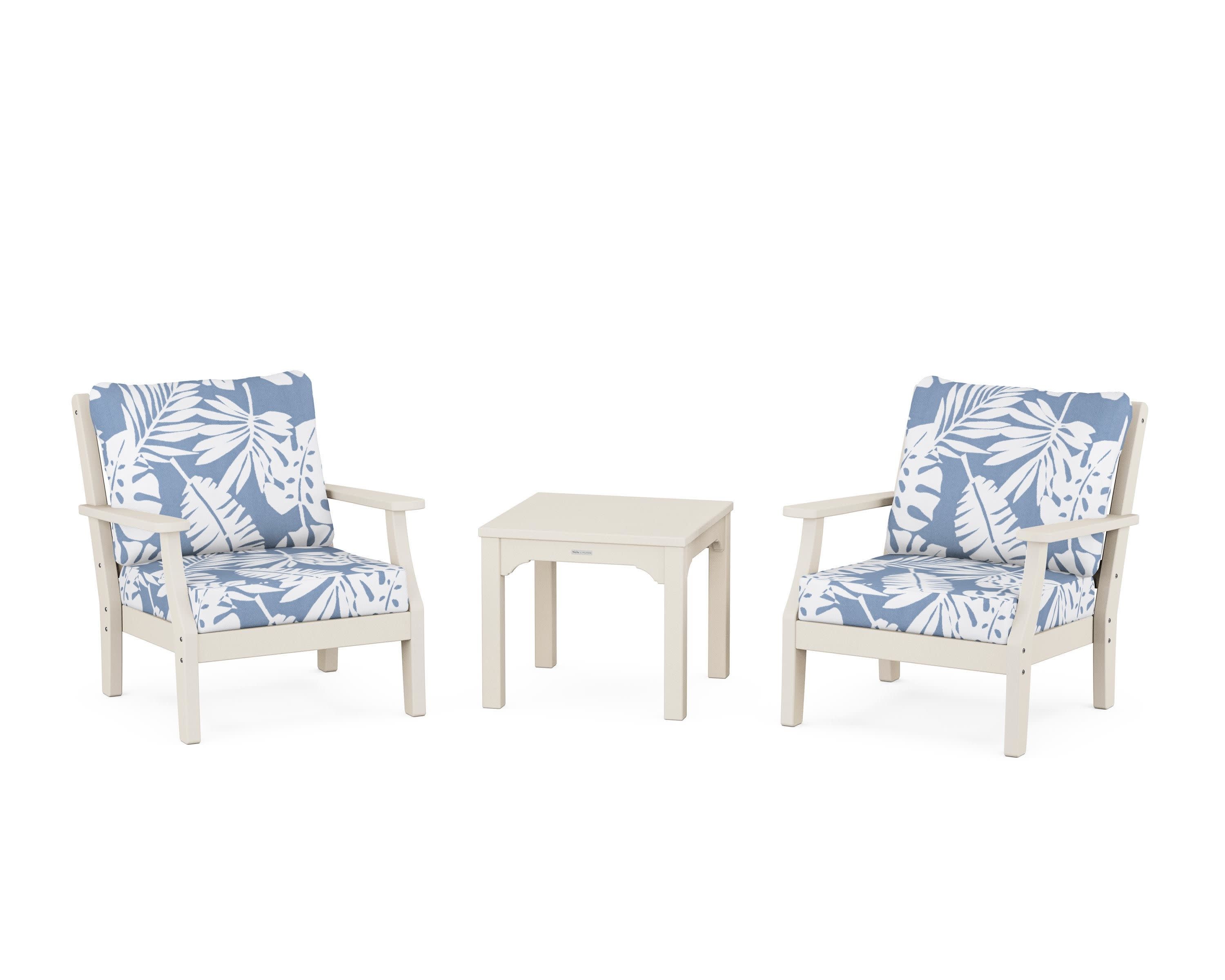 Chinoiserie 3-Piece Deep Seating Set in Sand / Leaf Sky Blue