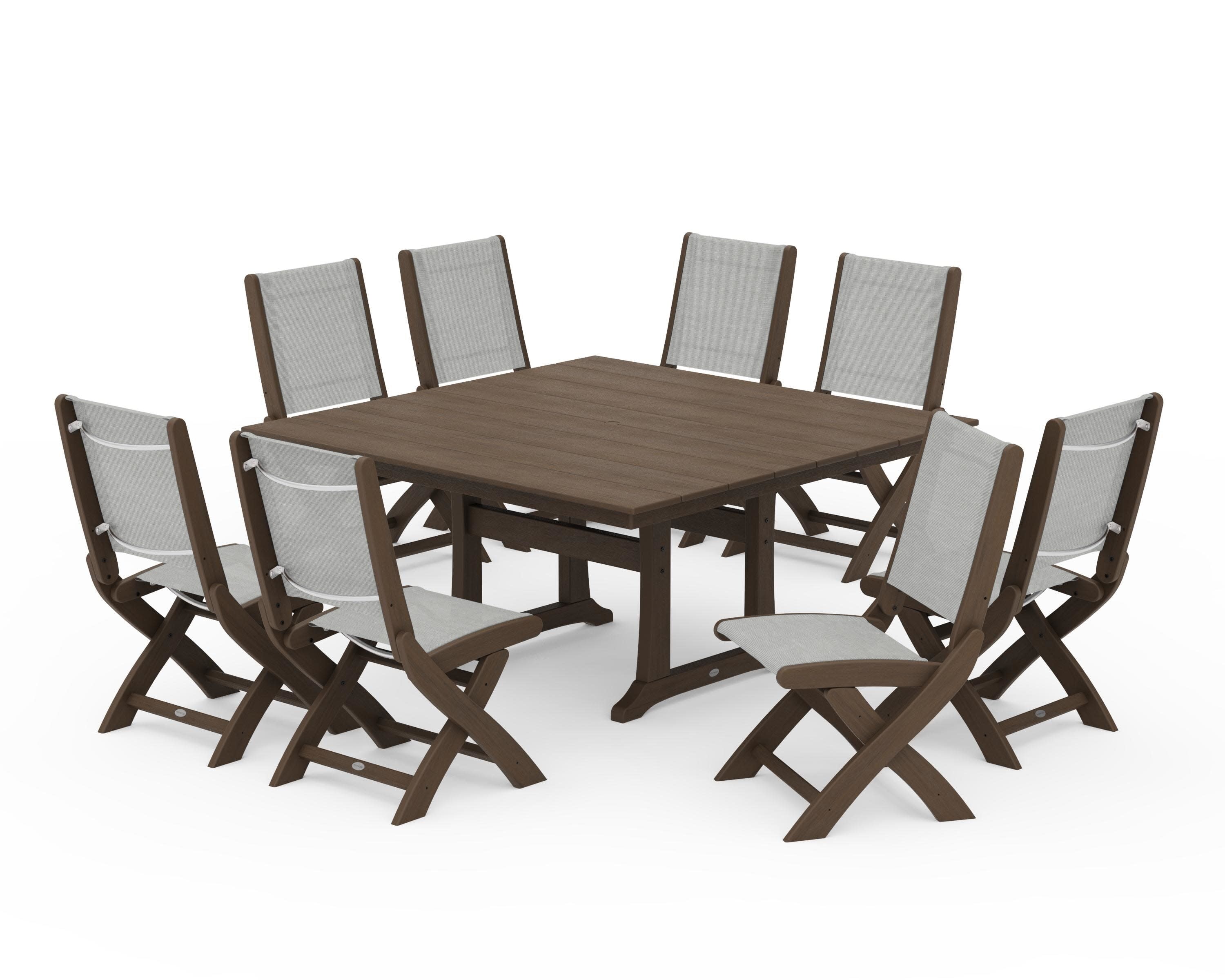 Coastal Folding Side Chair 9-Piece Farmhouse Dining Set in Kona / Metallic Sling