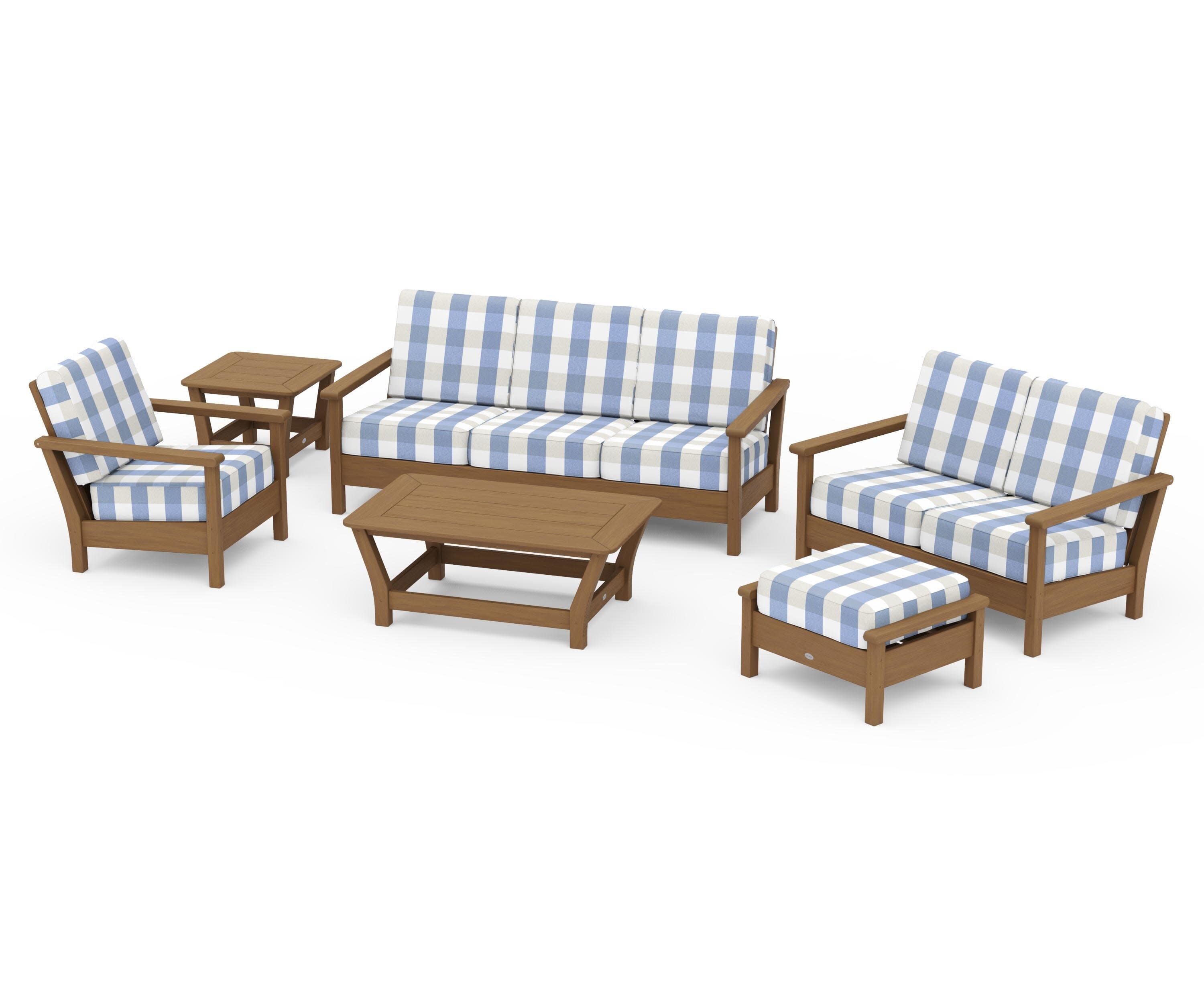 Harbour 6-Piece Outdoor Living Set in Natural / Buffalo Plaid Sky Blue