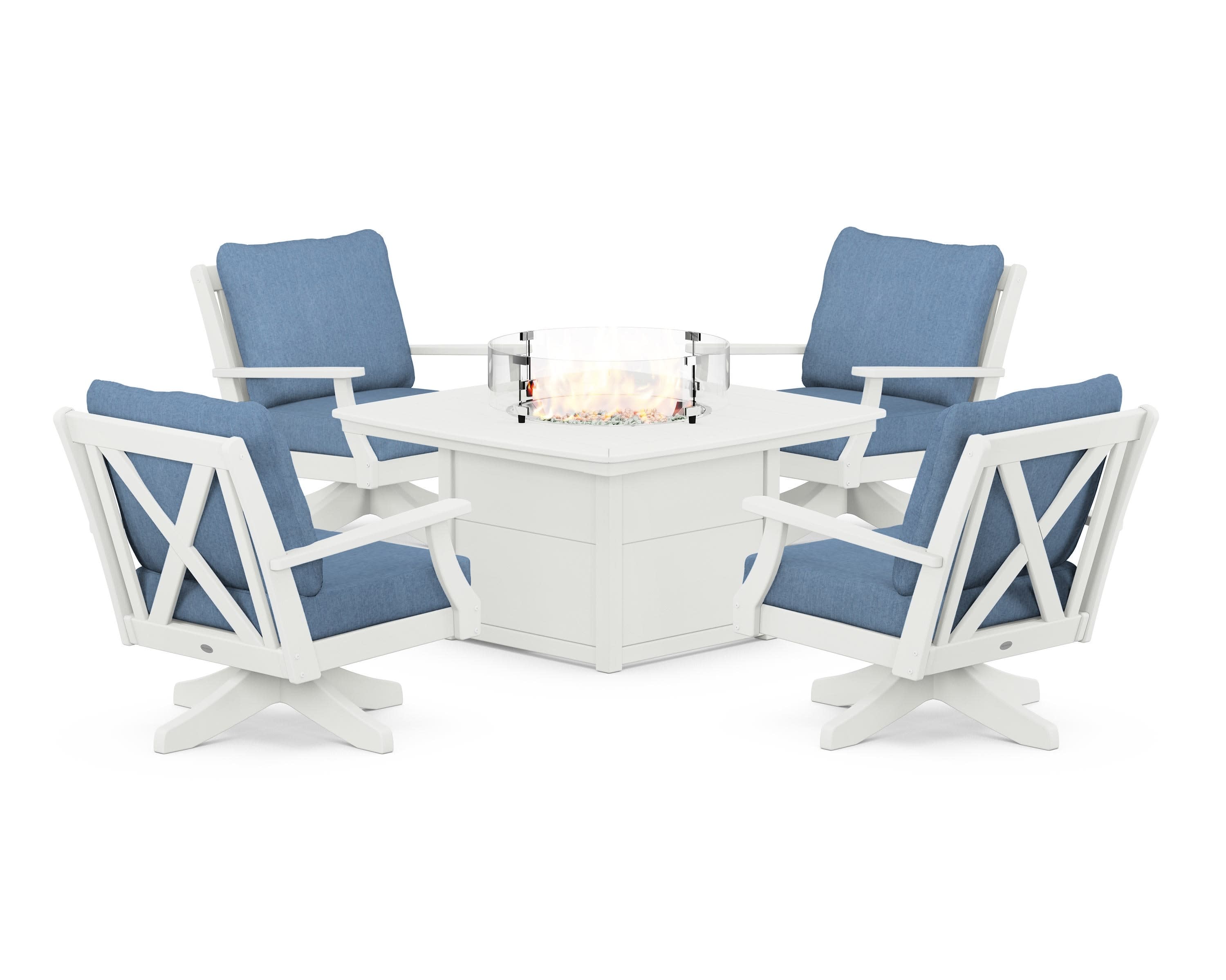 Braxton 5-Piece Deep Seating Swivel Conversation Set with Fire Pit Table in Vintage White / Sky Blue