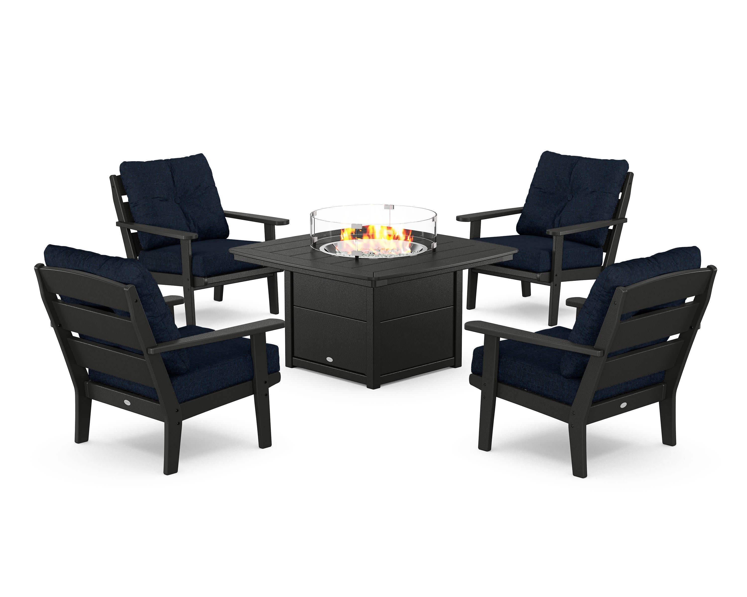 Lakeside 5-Piece Deep Seating Set with Nautical Fire Pit Table in Black / Marine Indigo